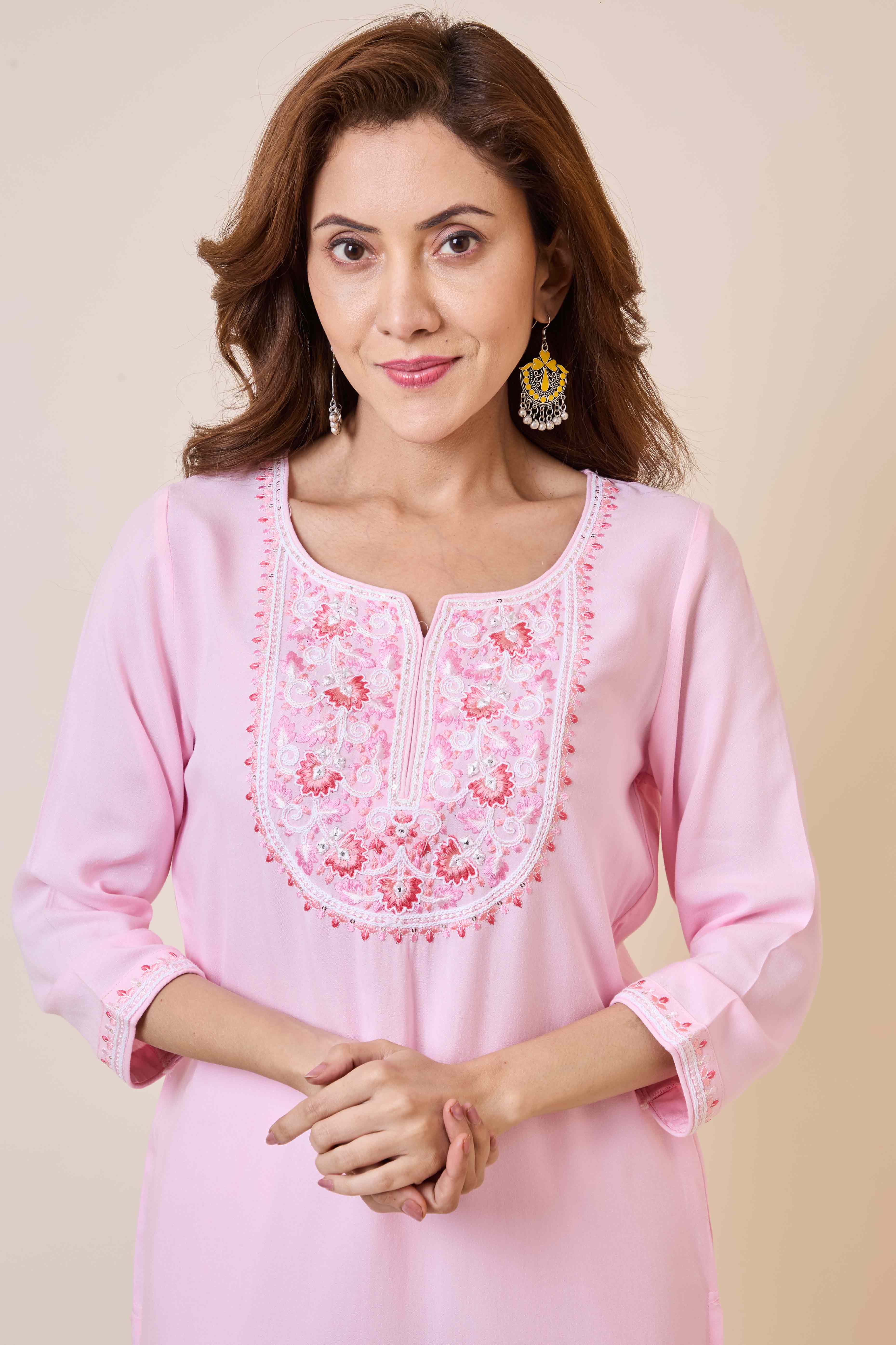 Light Pink Yoke Embroidered Rayon Straight Kurti