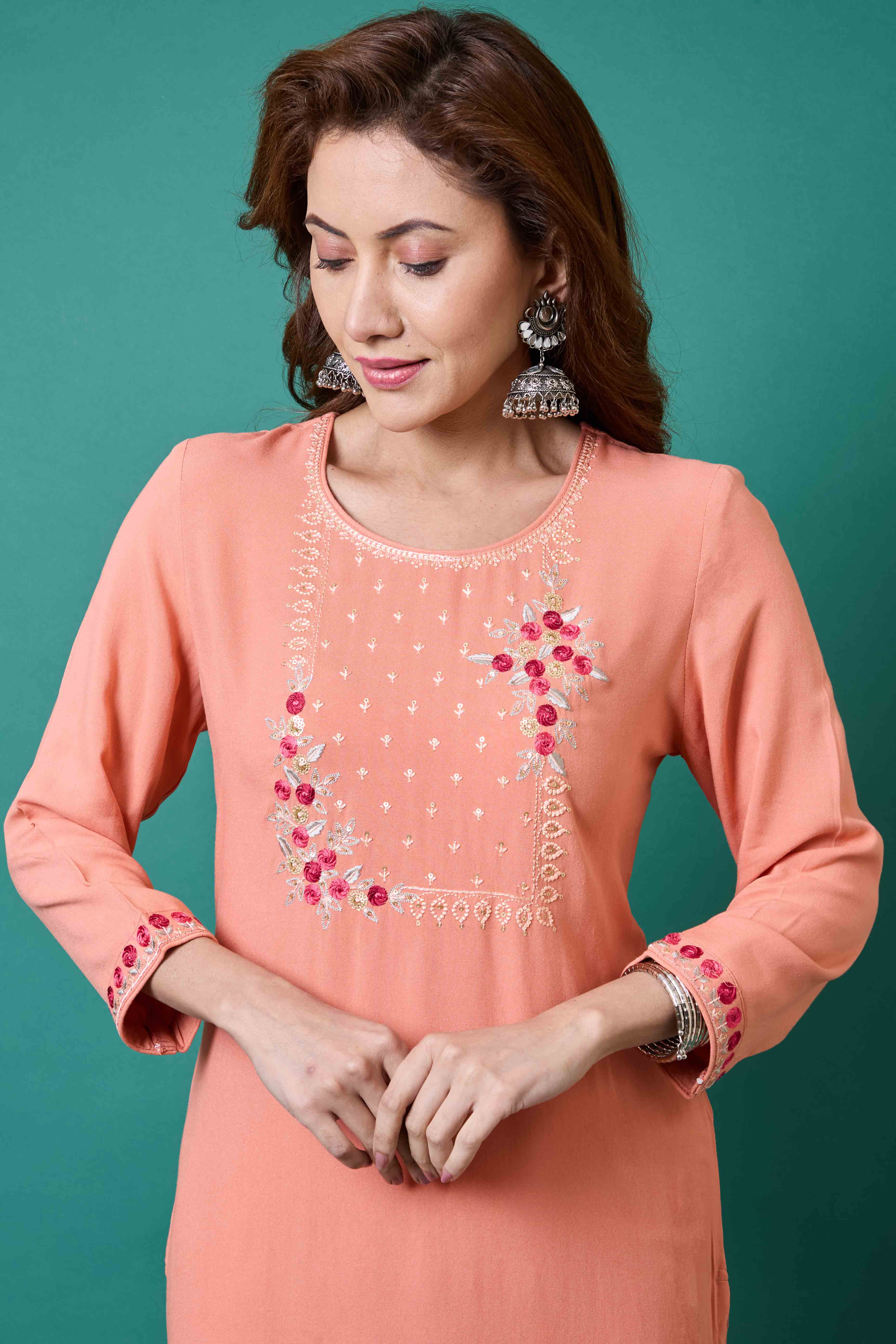 Peach Yoke Embroidered Rayon Straight Kurti