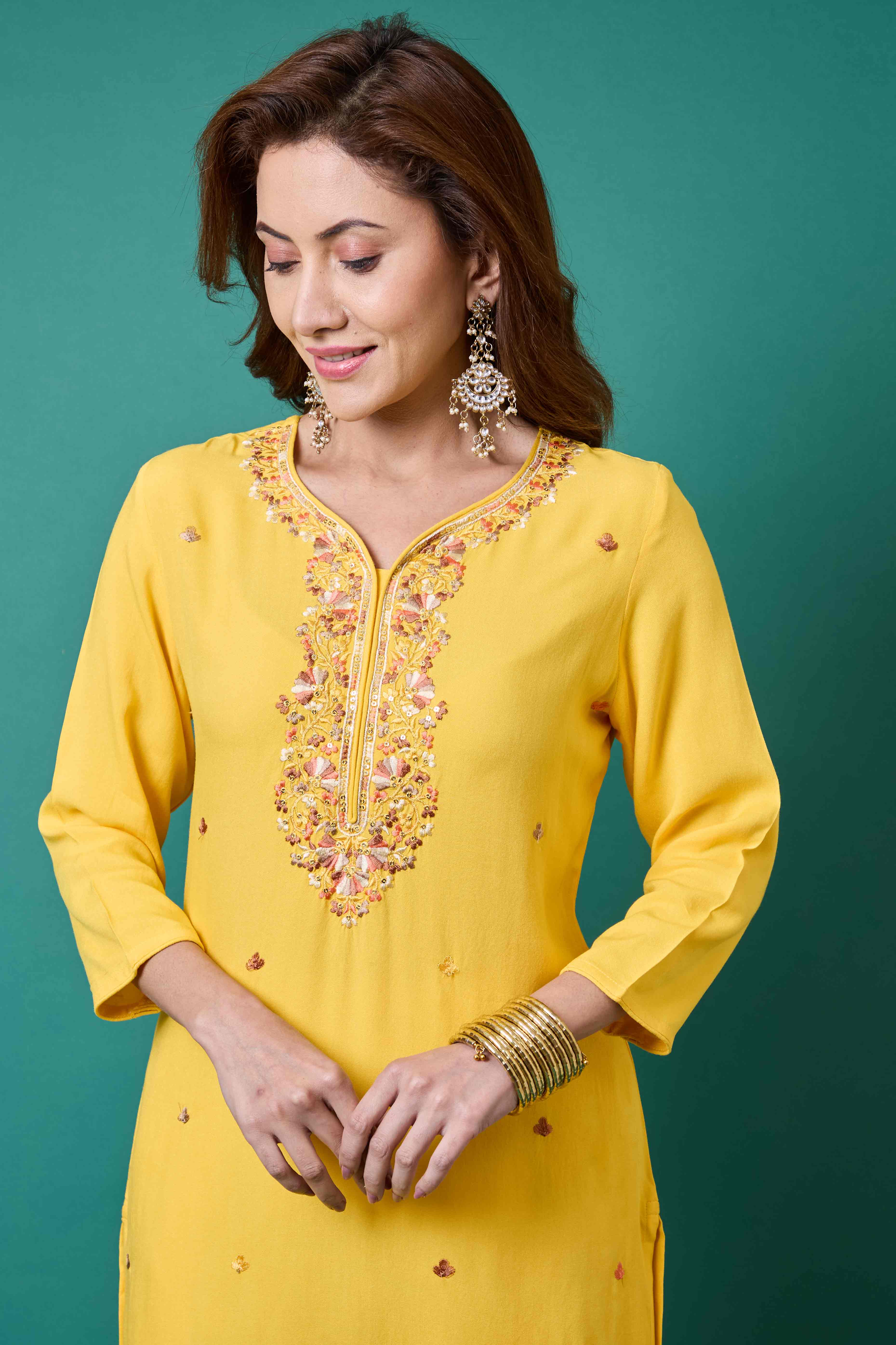 Yellow Yoke Embroidered Rayon Straight Kurti