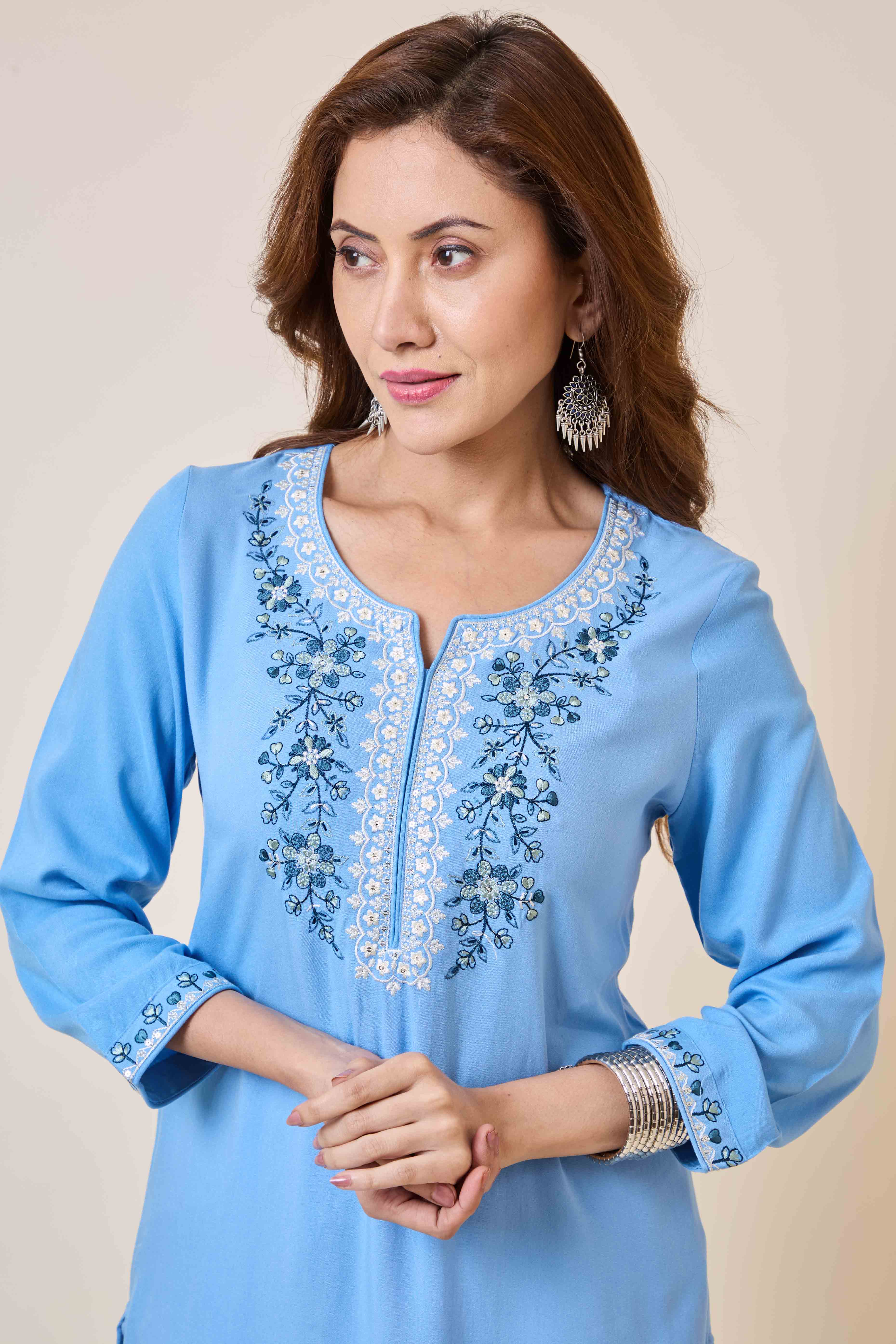 Sky Blue Yoke Embroidered Rayon Straight Kurti