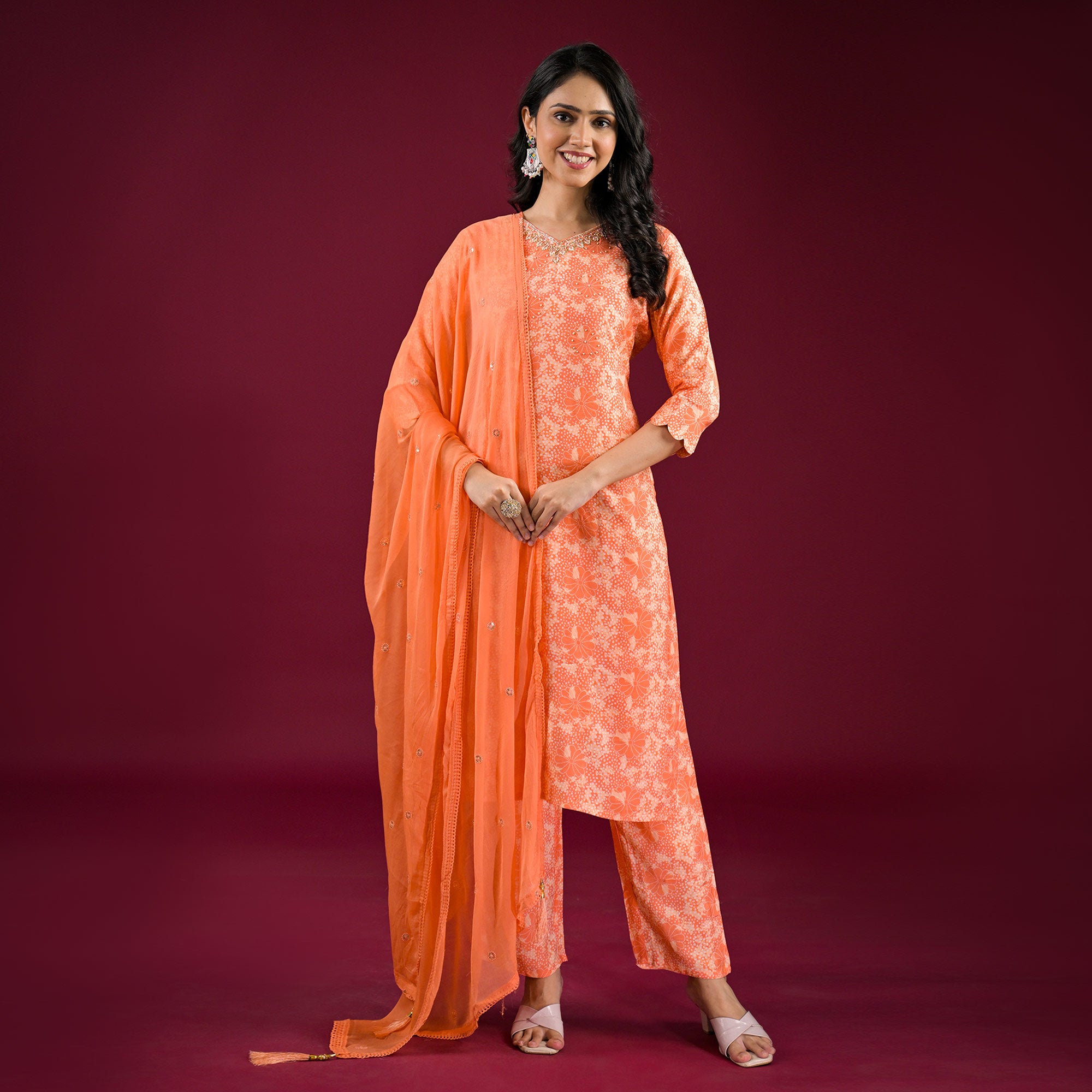 Orange Floral Printed Muslin Straight Salwar Suit