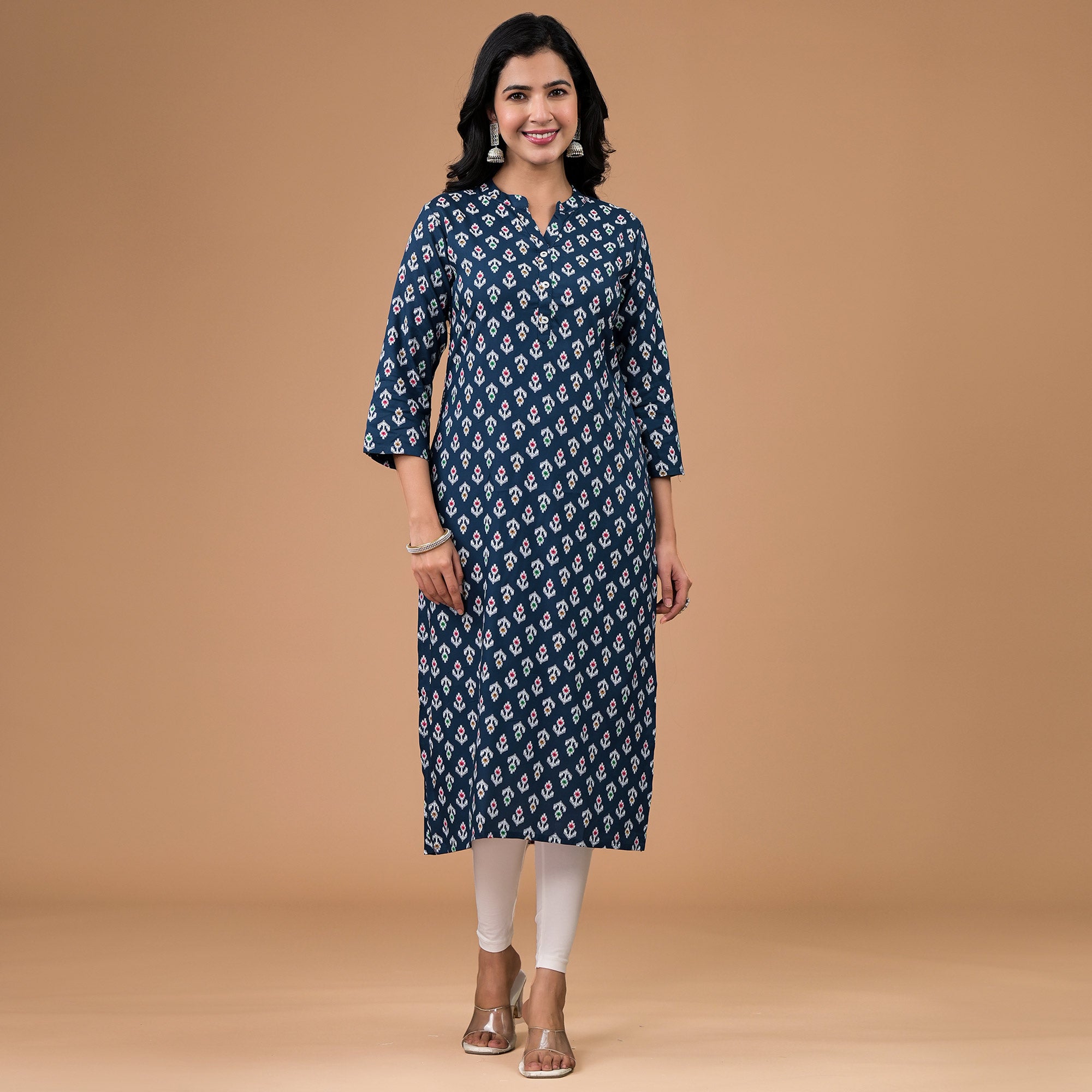 Navy Blue Rayon Printed Straight Kurti