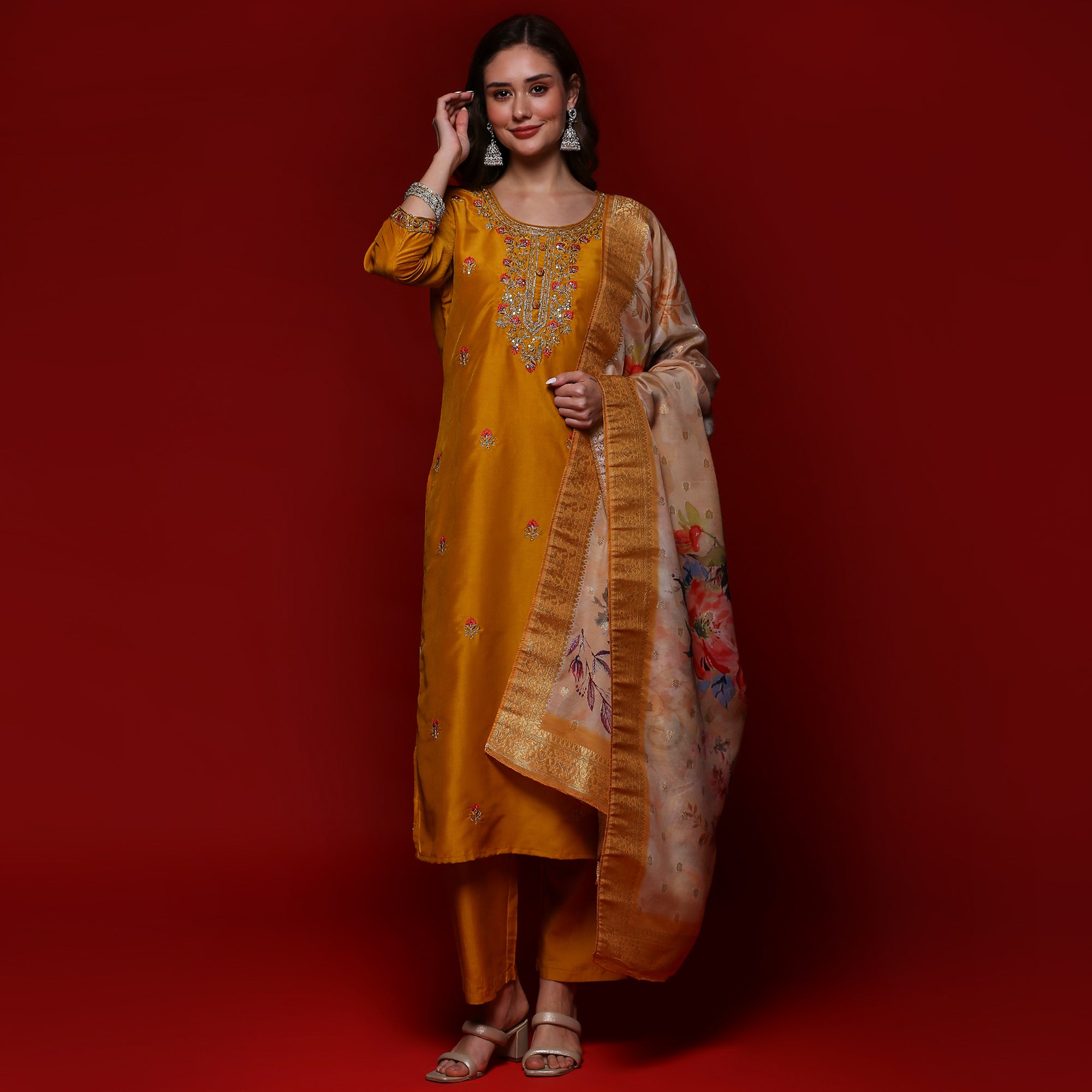 Mustard Floral Embroidered Cotton Silk Salwar Suit