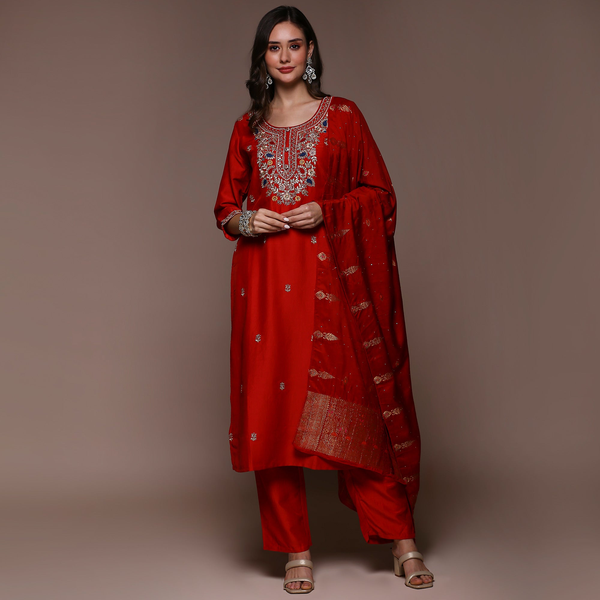 Red Floral Embroidered Cotton Silk Salwar Suit