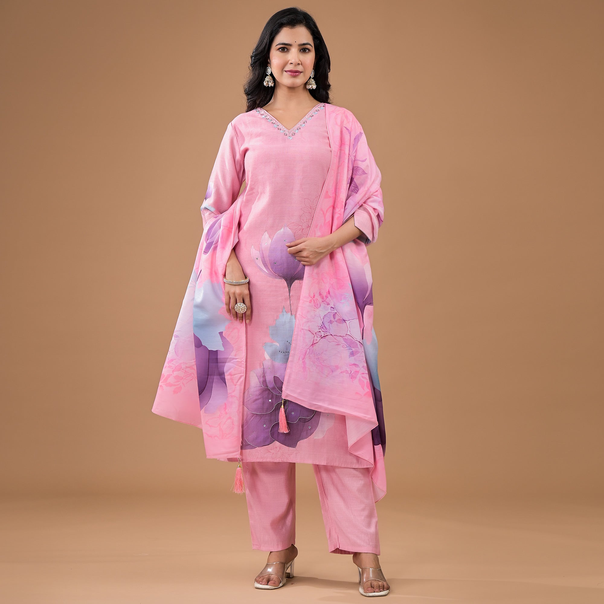 Pink Embroidered Viscose Straight Salwar Suit