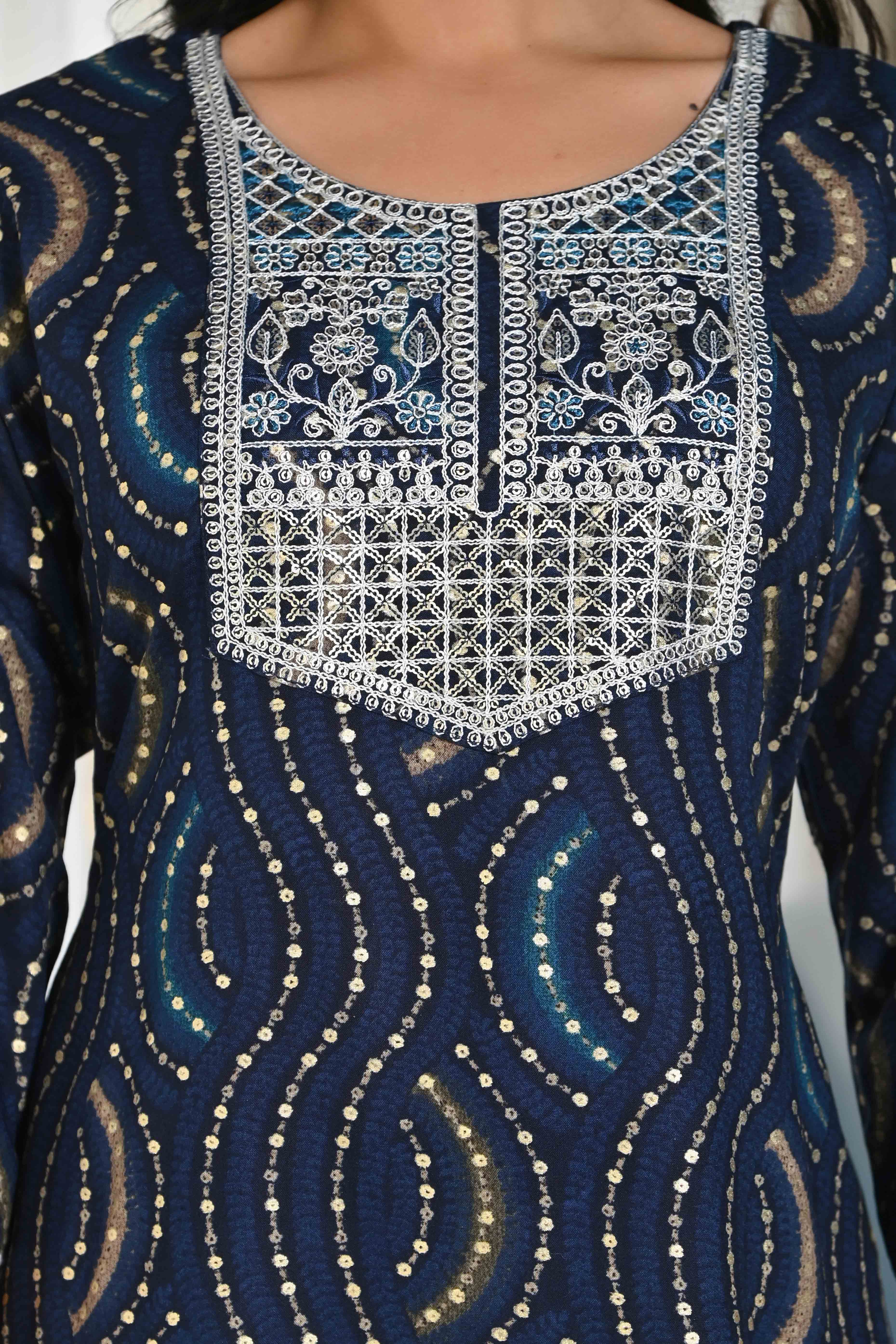 Blue Foil Printed Rayon Straight Kurti