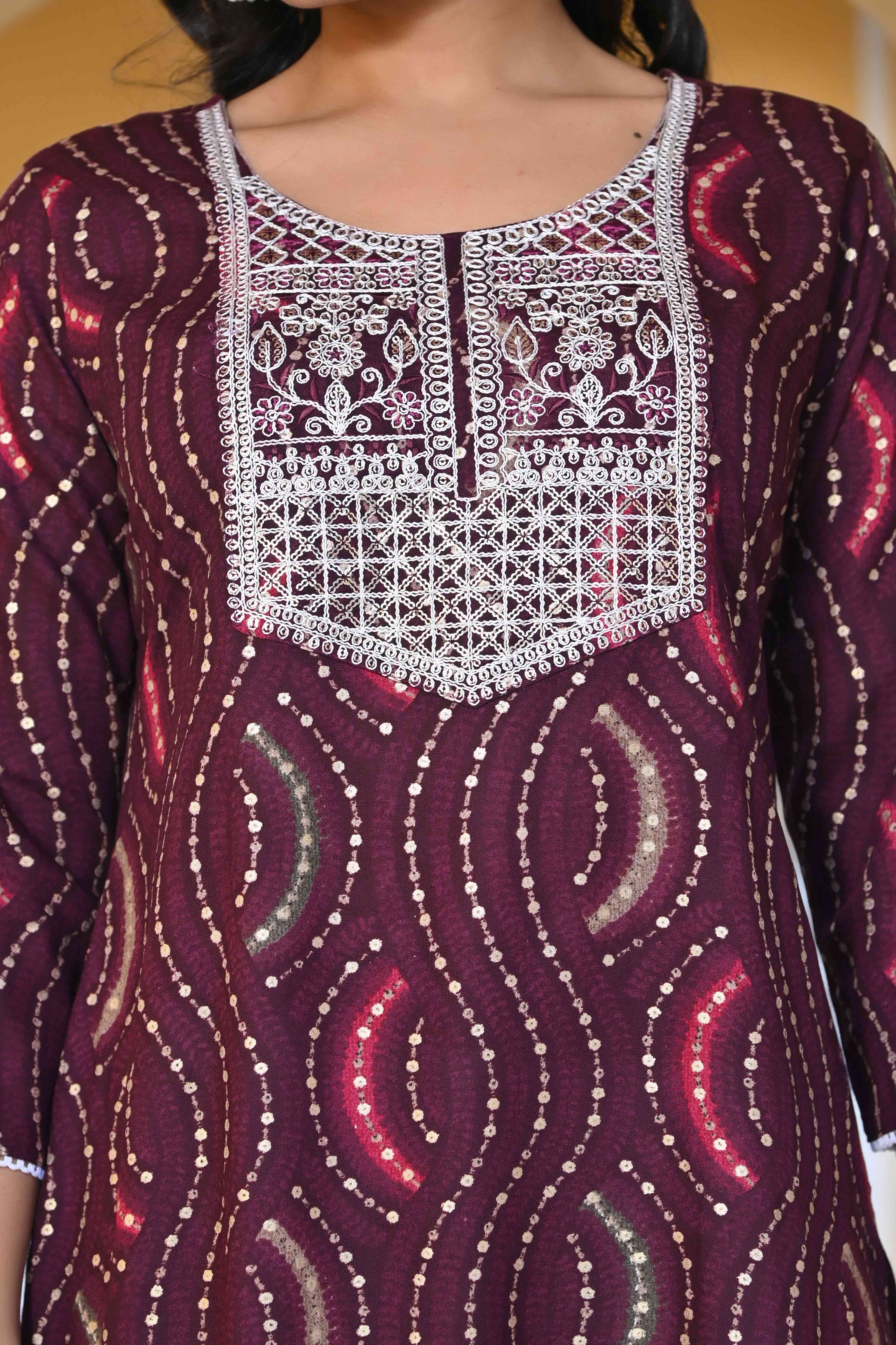 Wine Foil Printed Rayon Straight Kurti