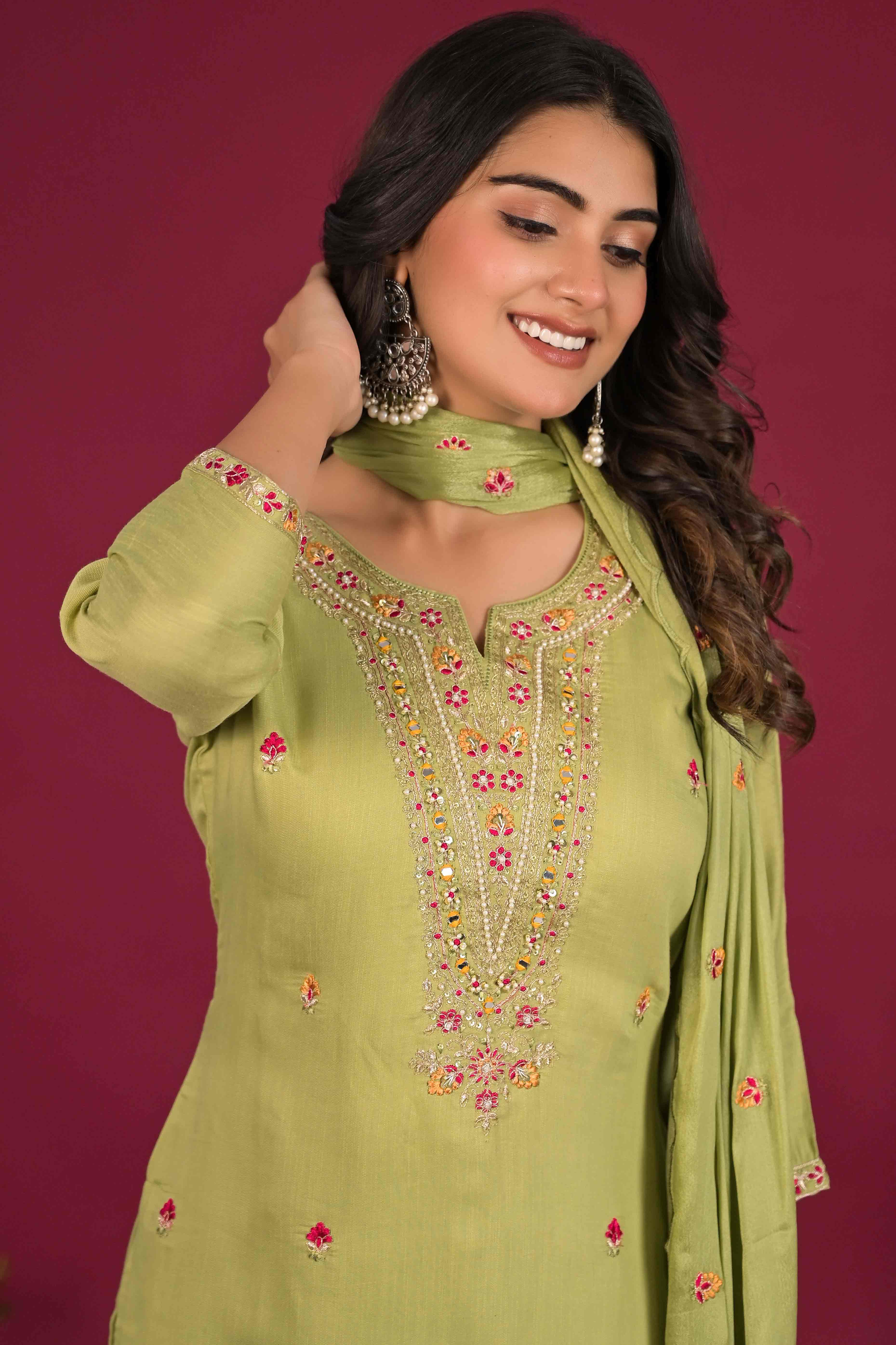 Green Floral Embroidered Pure Cotton Salwar Suit