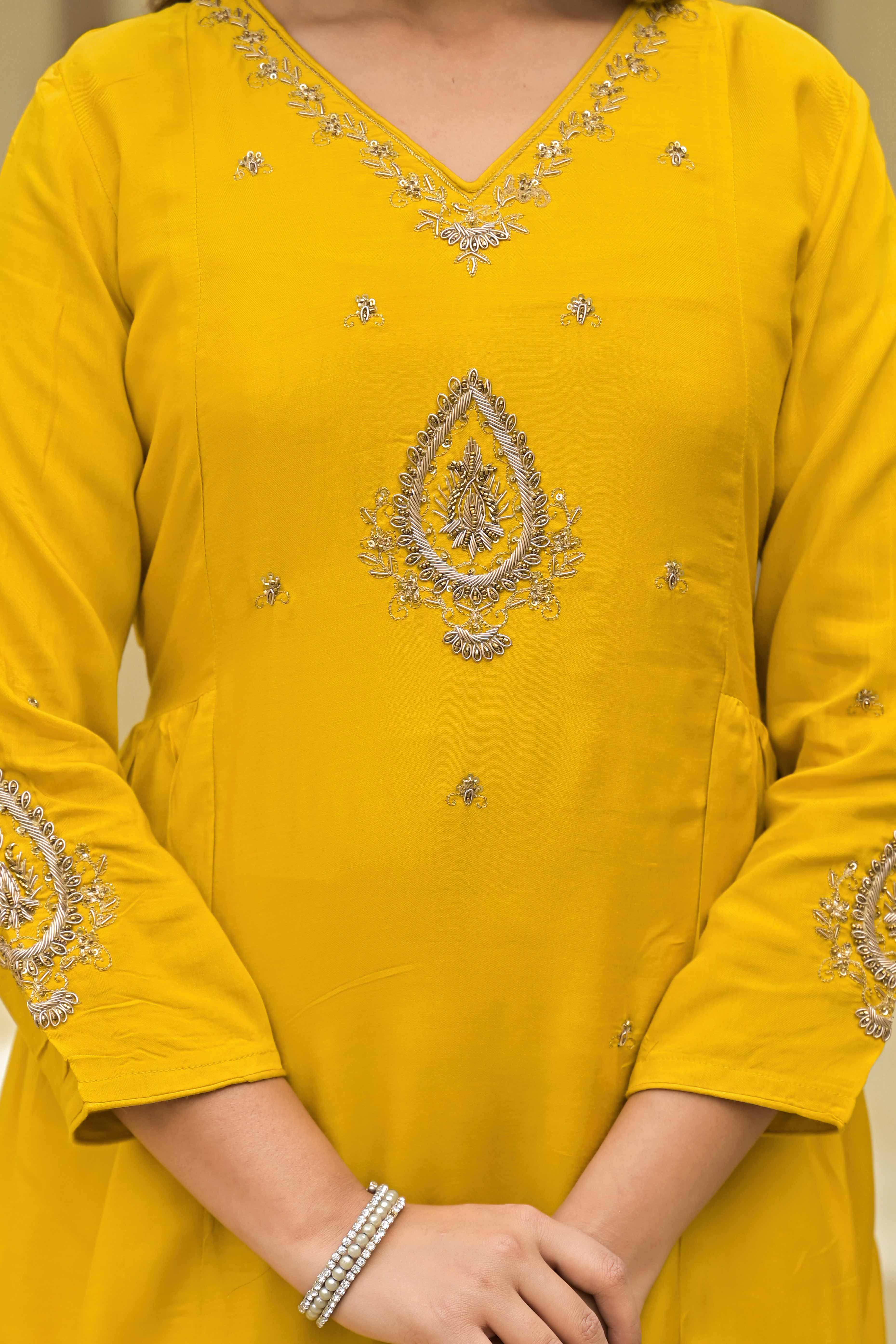 Mustard Hand Ari Work Muslin Anarkali Style Salwar Suit