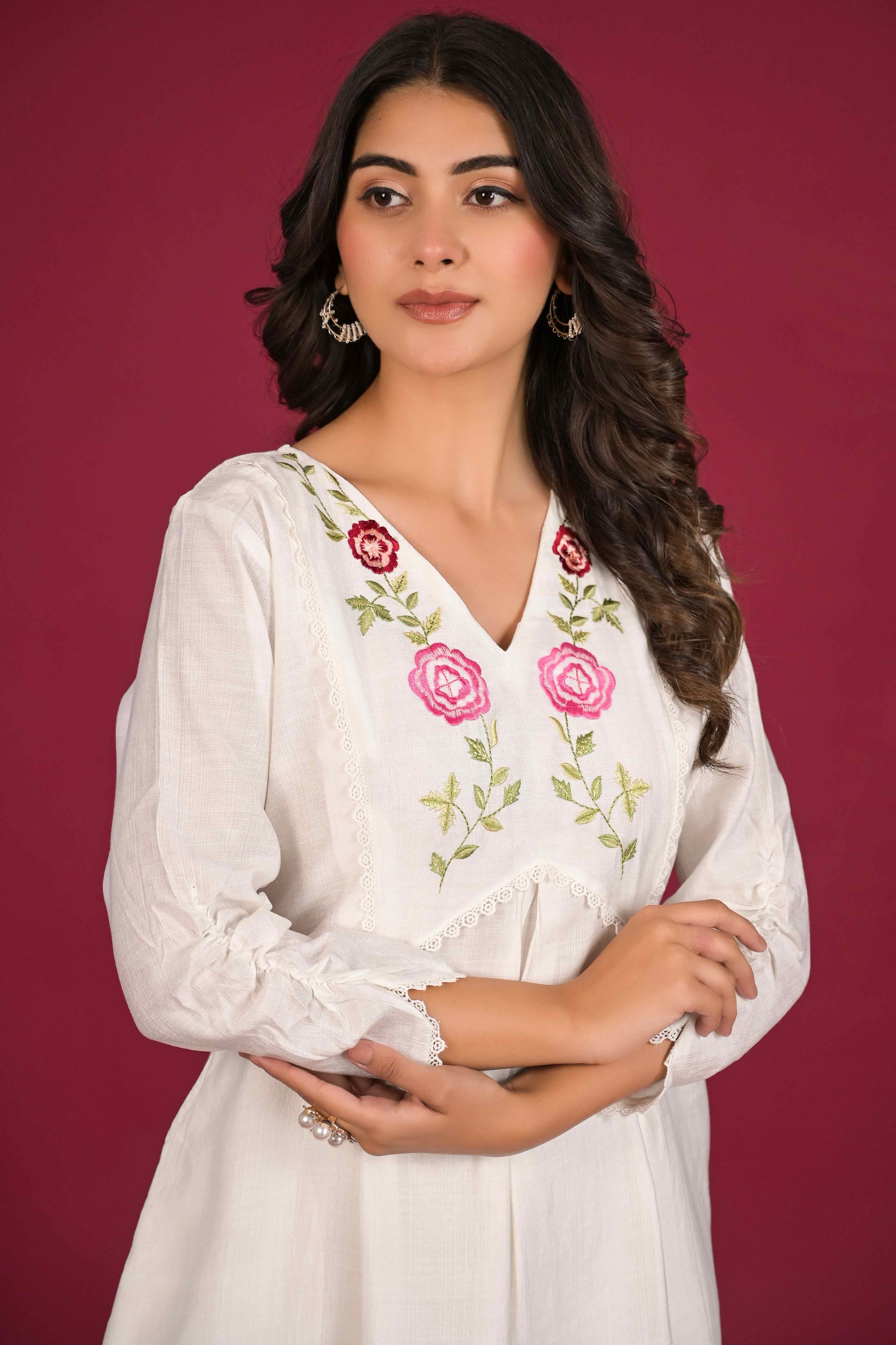 White Neck Embroidered Viscose Top Bottom Set
