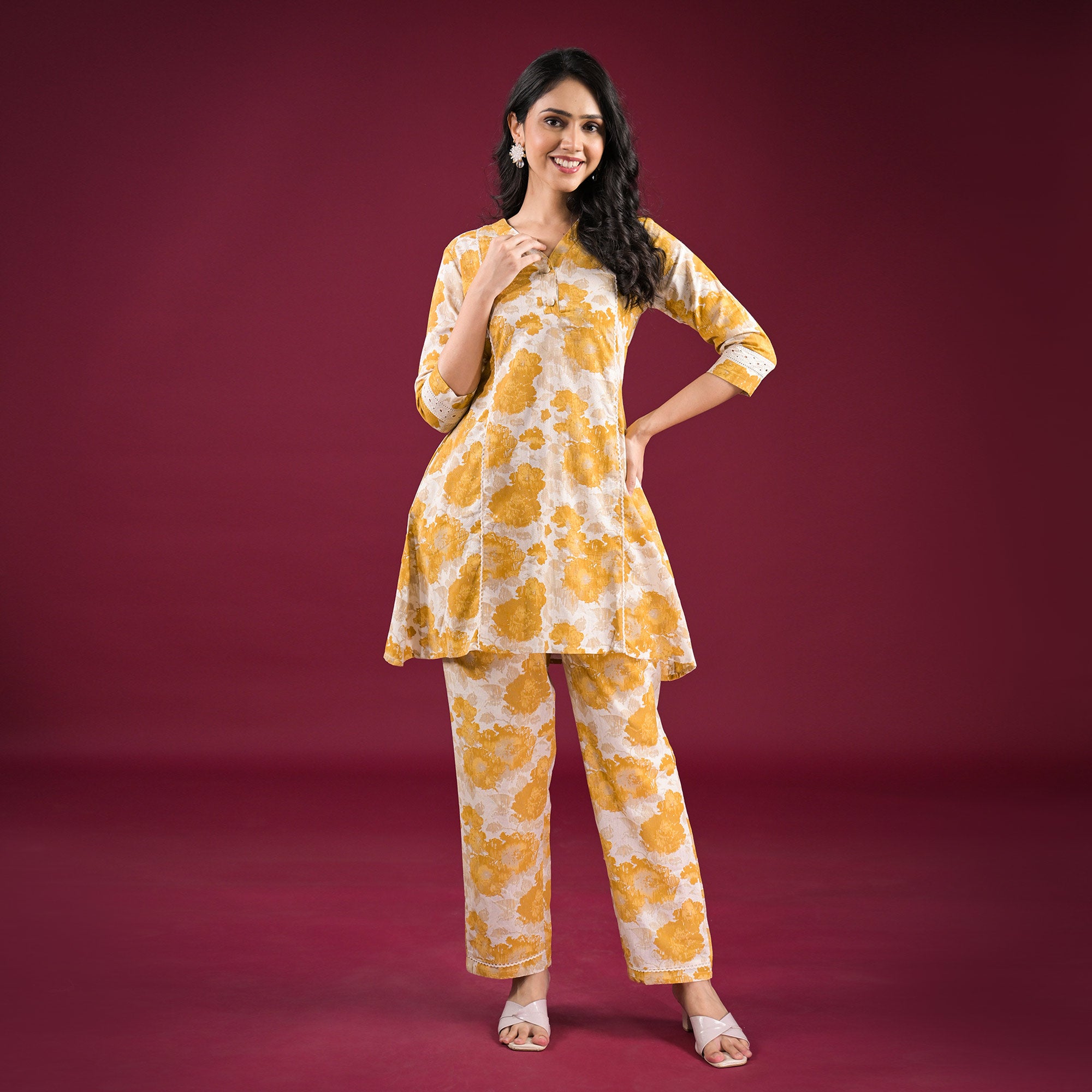 Mustard Floral Printed Pure Cotton Co-Ord Set