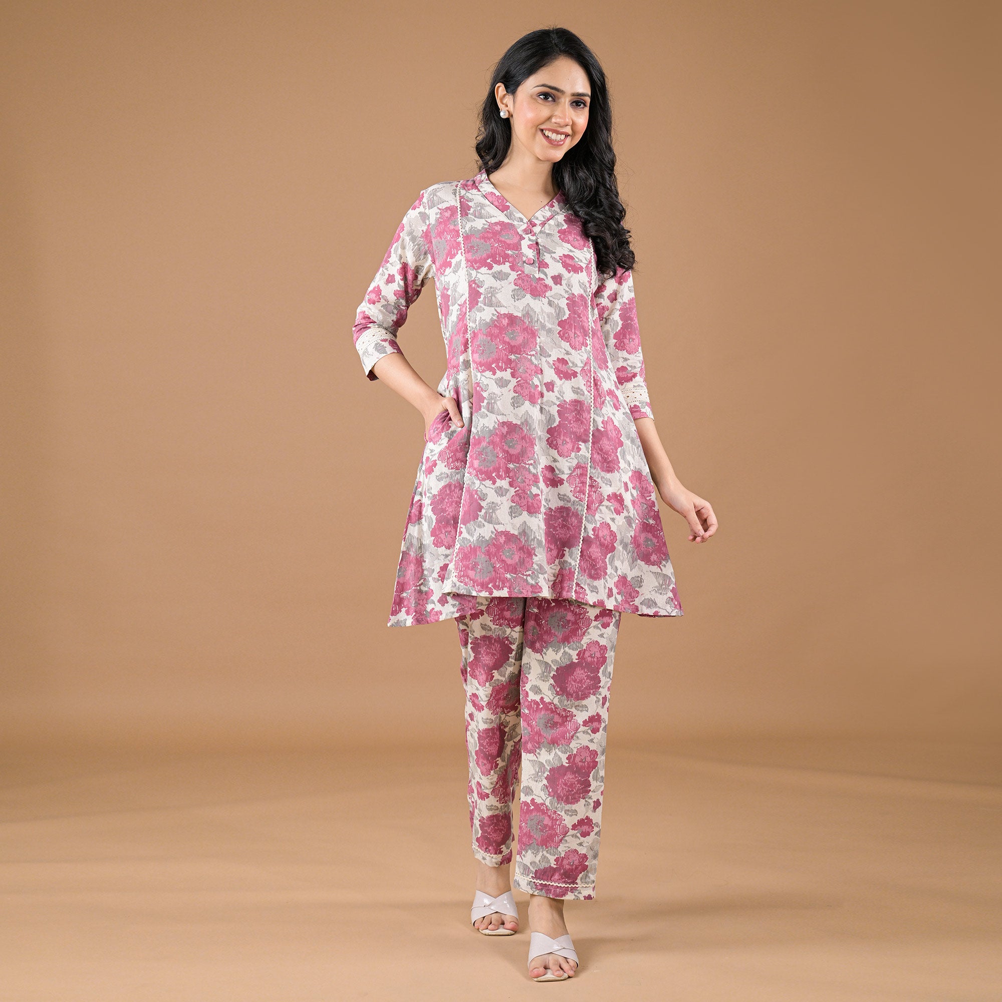Rose Red Floral Printed Pure Cotton Co-Ord Set