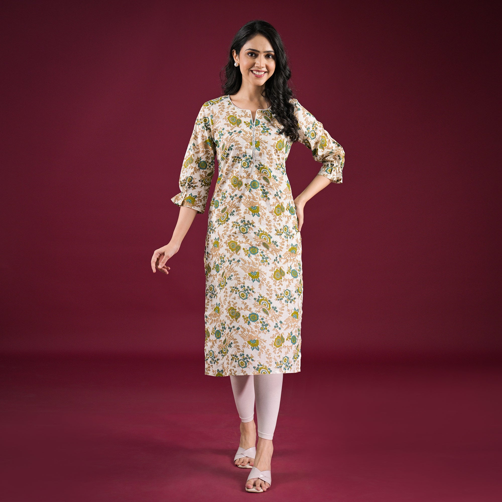 Off White Floral Printed Pure Cotton Straight Kurti