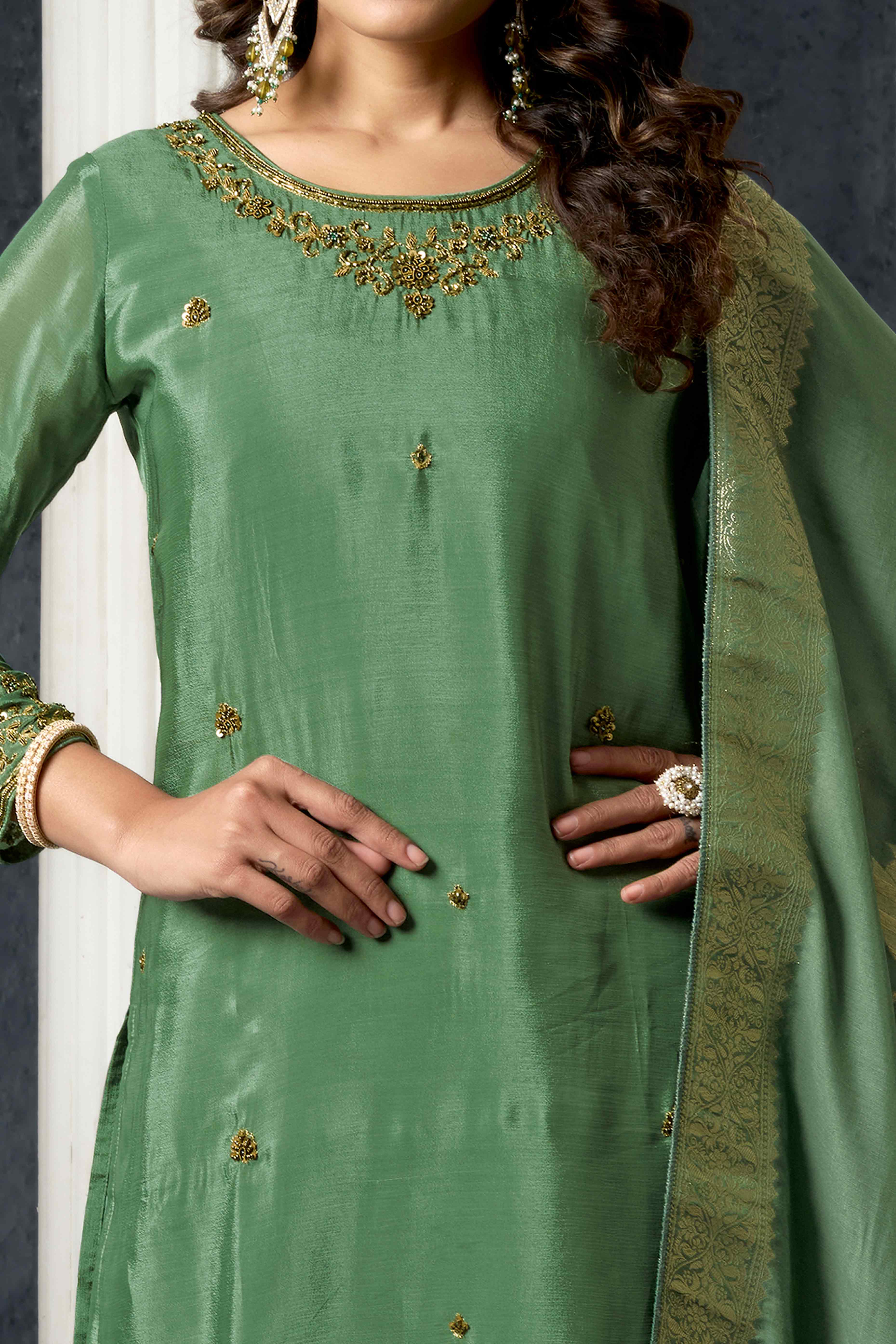 Olive Zardosi Work Embroidered Pure Chinon Sharara Suit