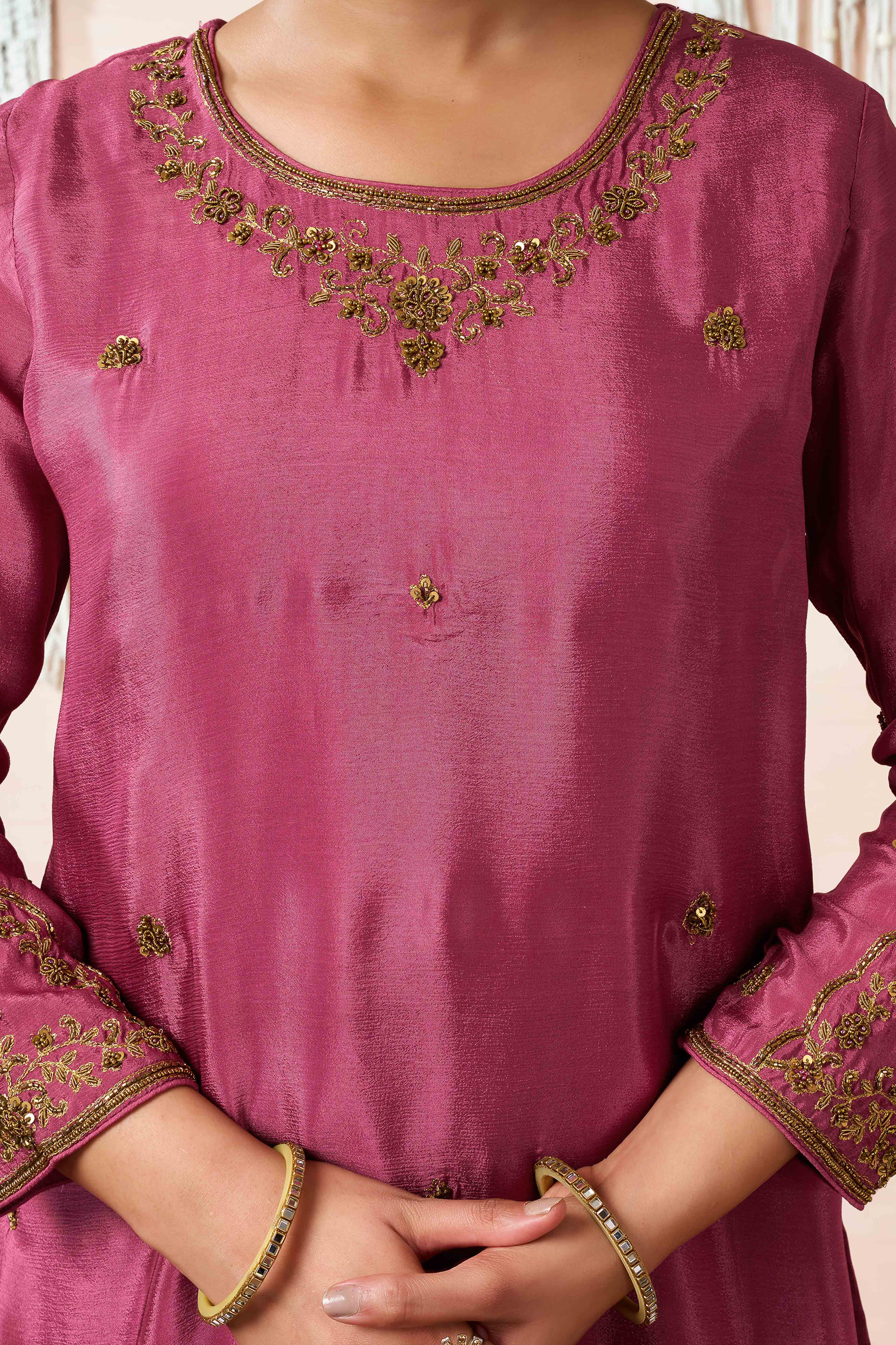 Rust Zardosi Work Embroidered Pure Chinon Sharara Suit