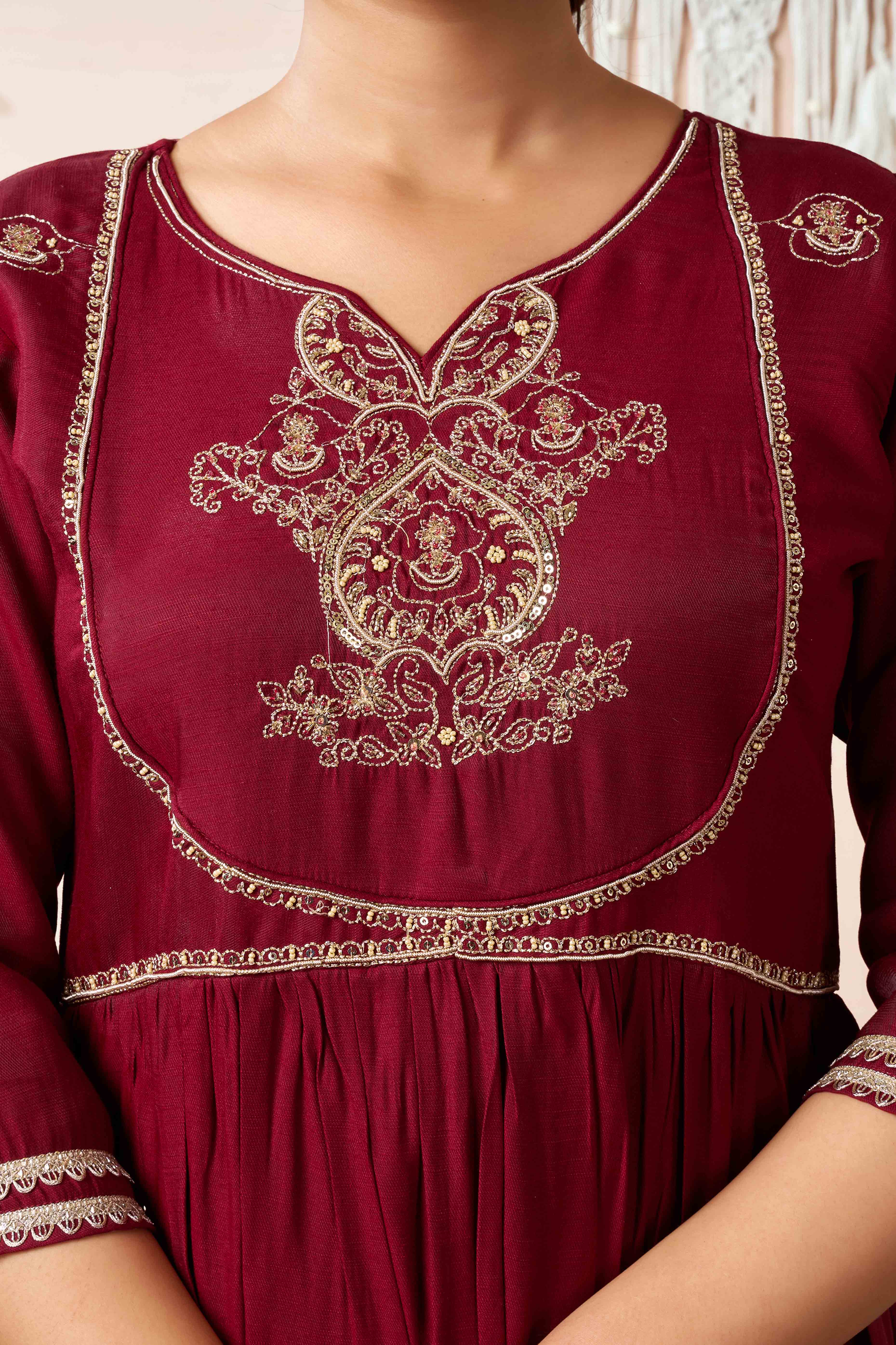 Maroon Sequins Embroidered Cotton Silk Anarkali Salwar Suit