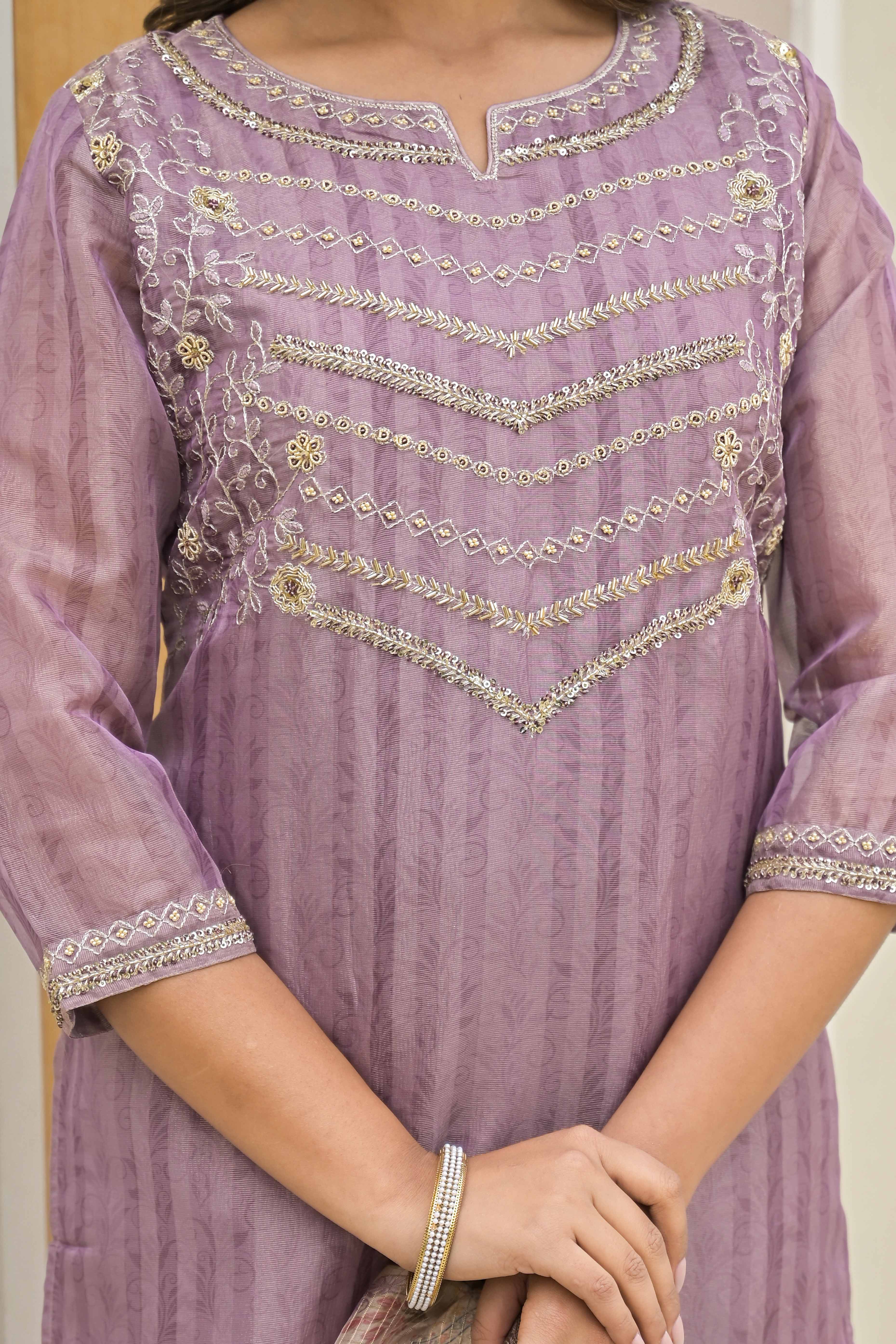 Lavender Embroidered Handwork Crush Chanderi Salwar Suit