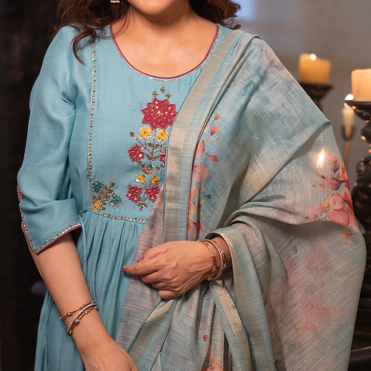 Sky Blue Neck Embroidered Viscose A-Line Salwar Suit