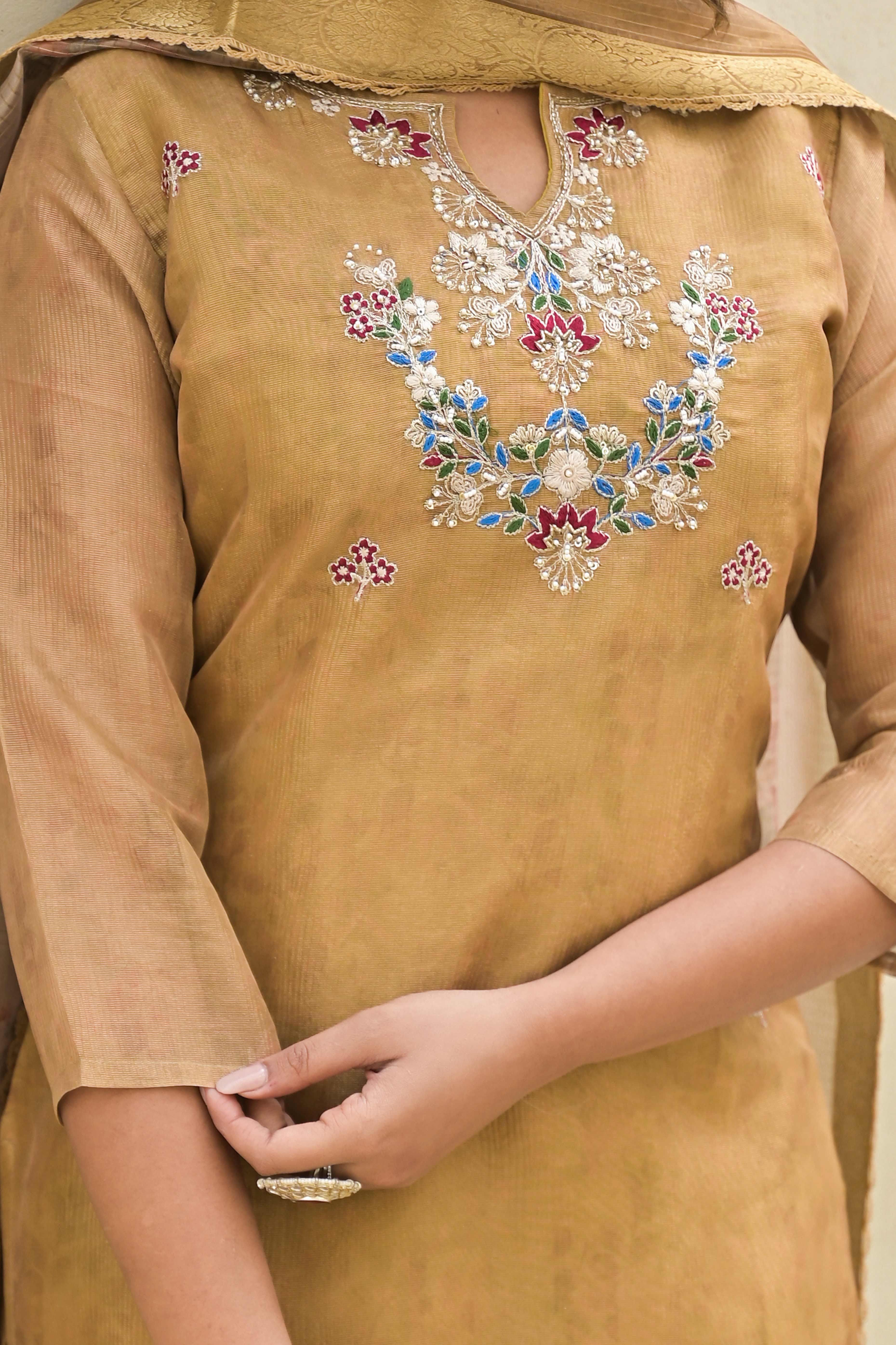 Golden Embroidered Crush Chanderi Salwar Suit
