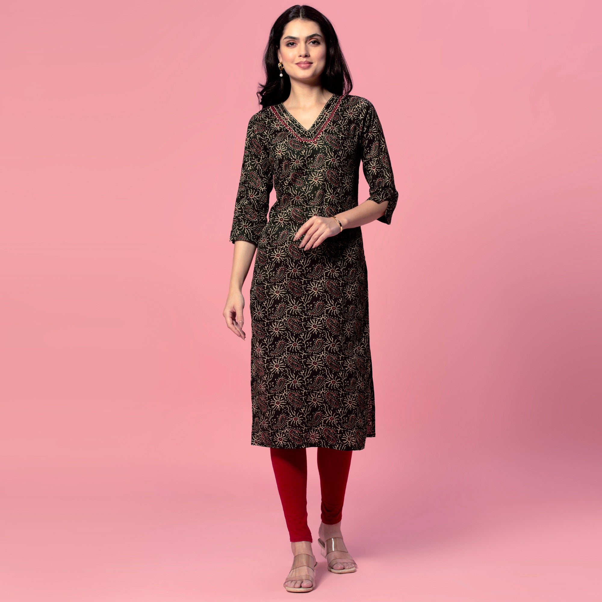 Black Floral Printed Pure Cotton Straight Kurti