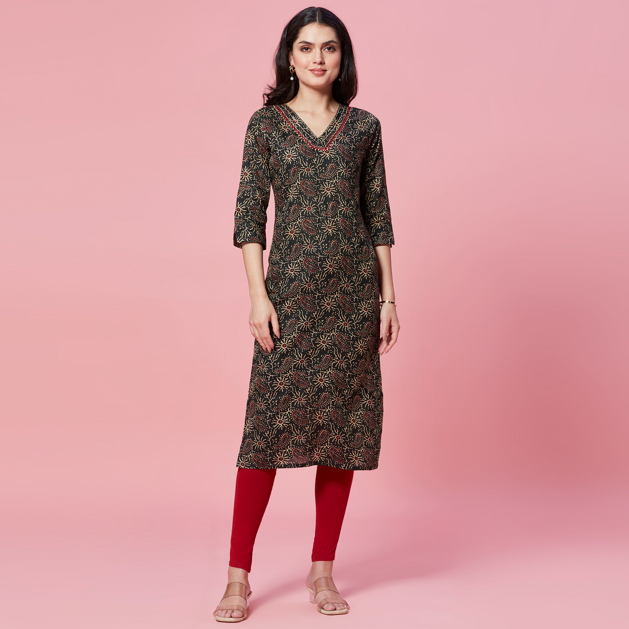 Green Floral Printed Pure Cotton Straight Kurti