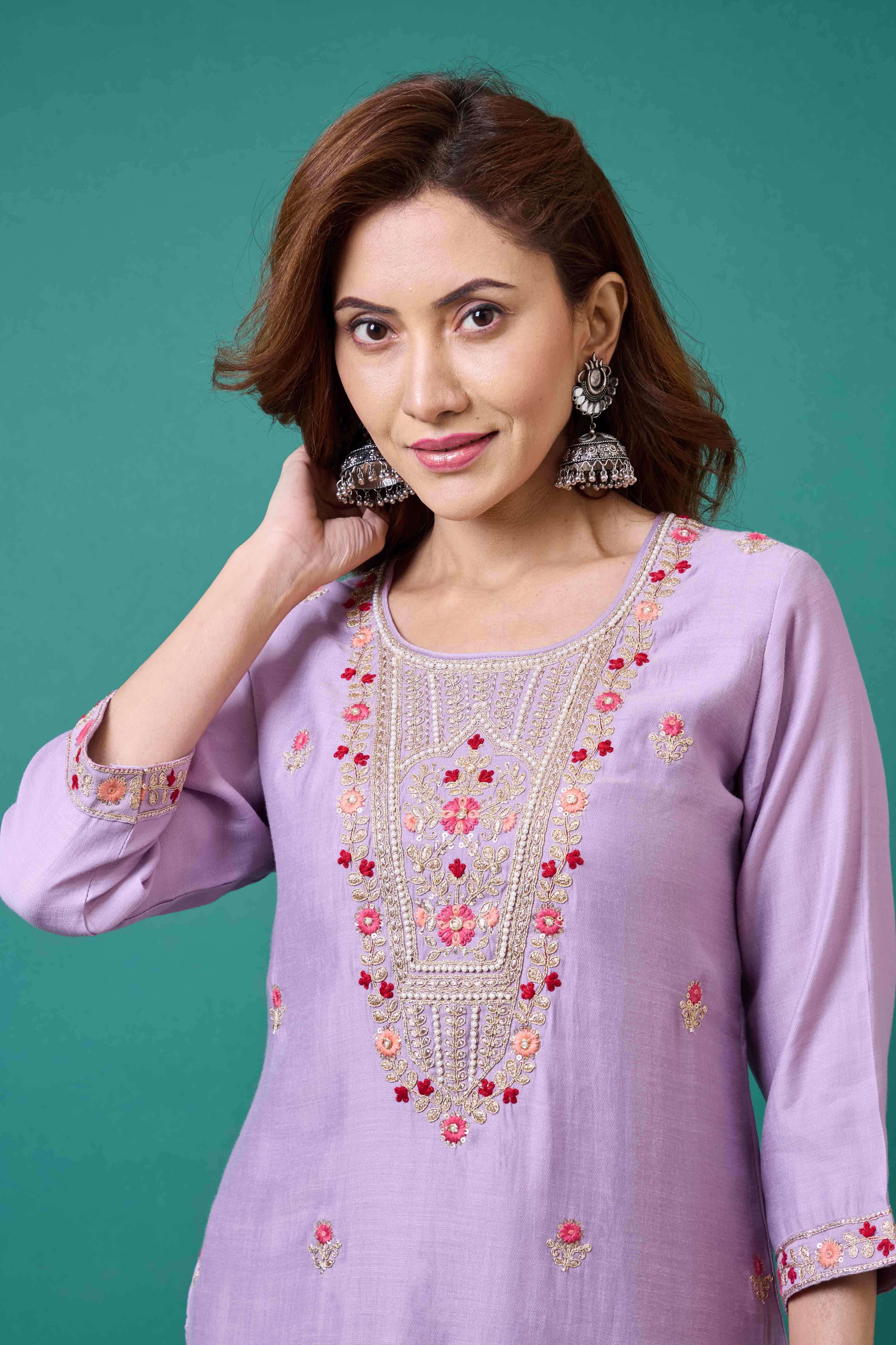 Lavender Handwork Embroidered Viscose Straight Salwar Suit