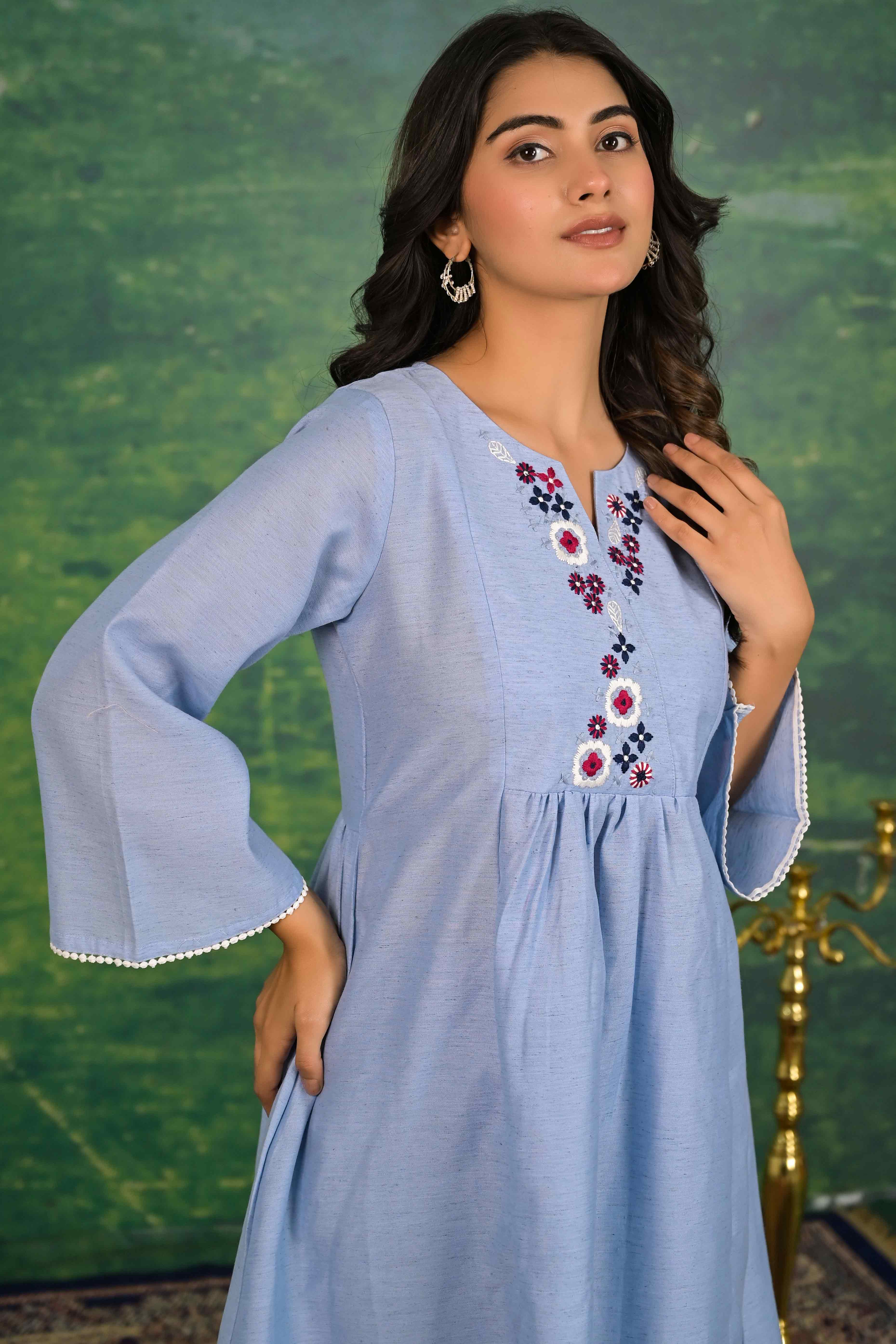 Blue Floral Embroidered Pure Cotton Top Bottom Set