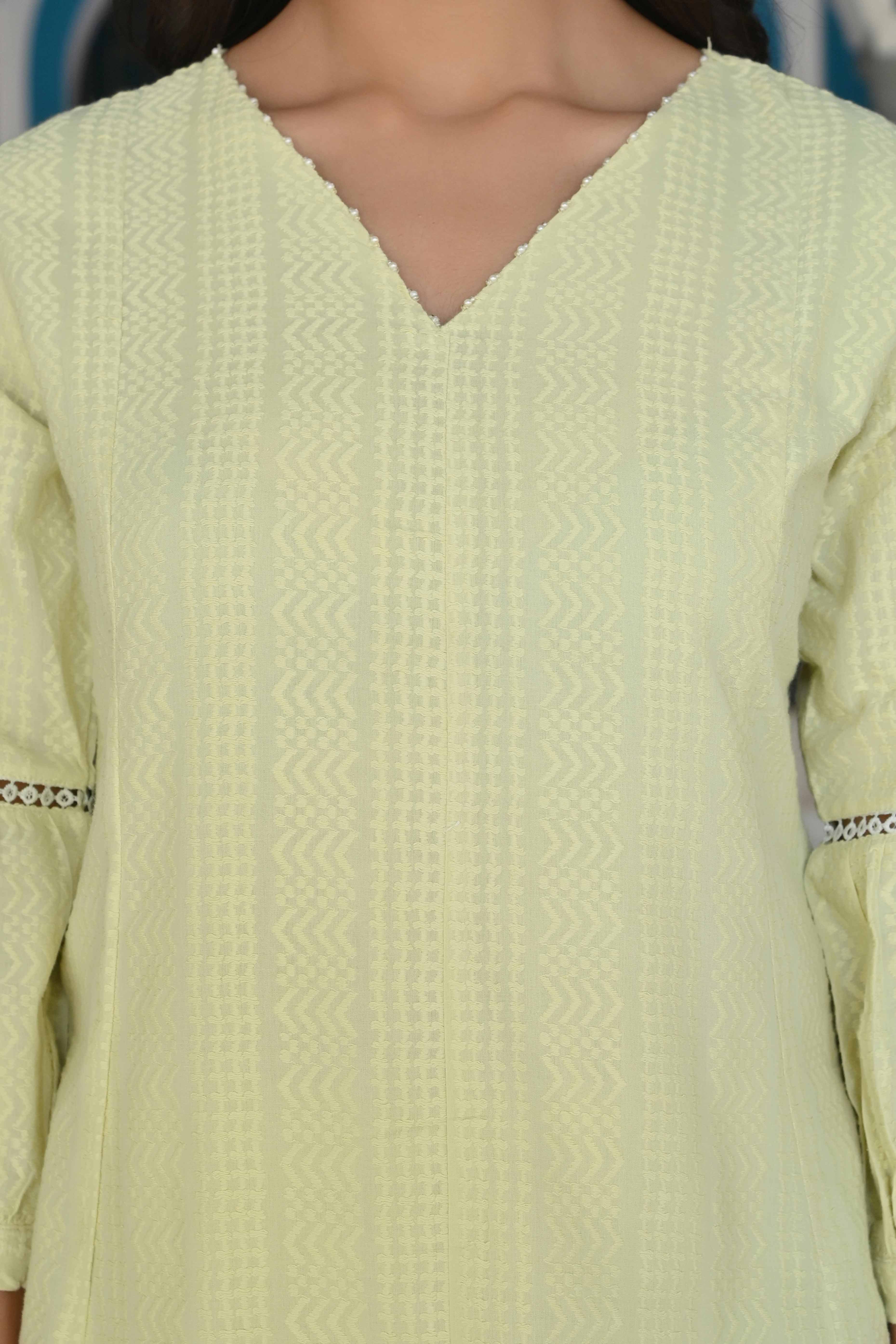 Lemon Yellow Dobby Work Pure Cotton Co-Ord Set