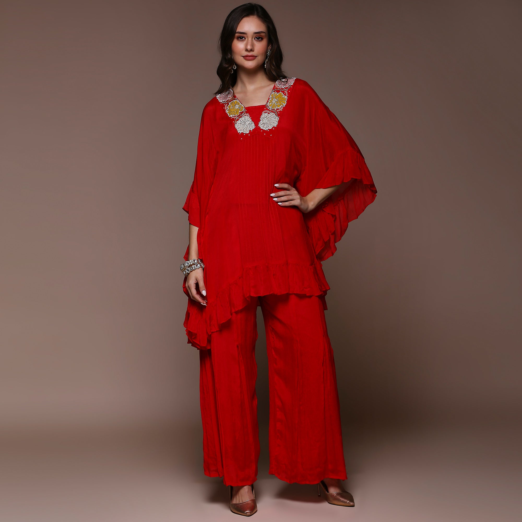 Crimson Red Embroidered Kaftan Style Chinon Co-Ord Set