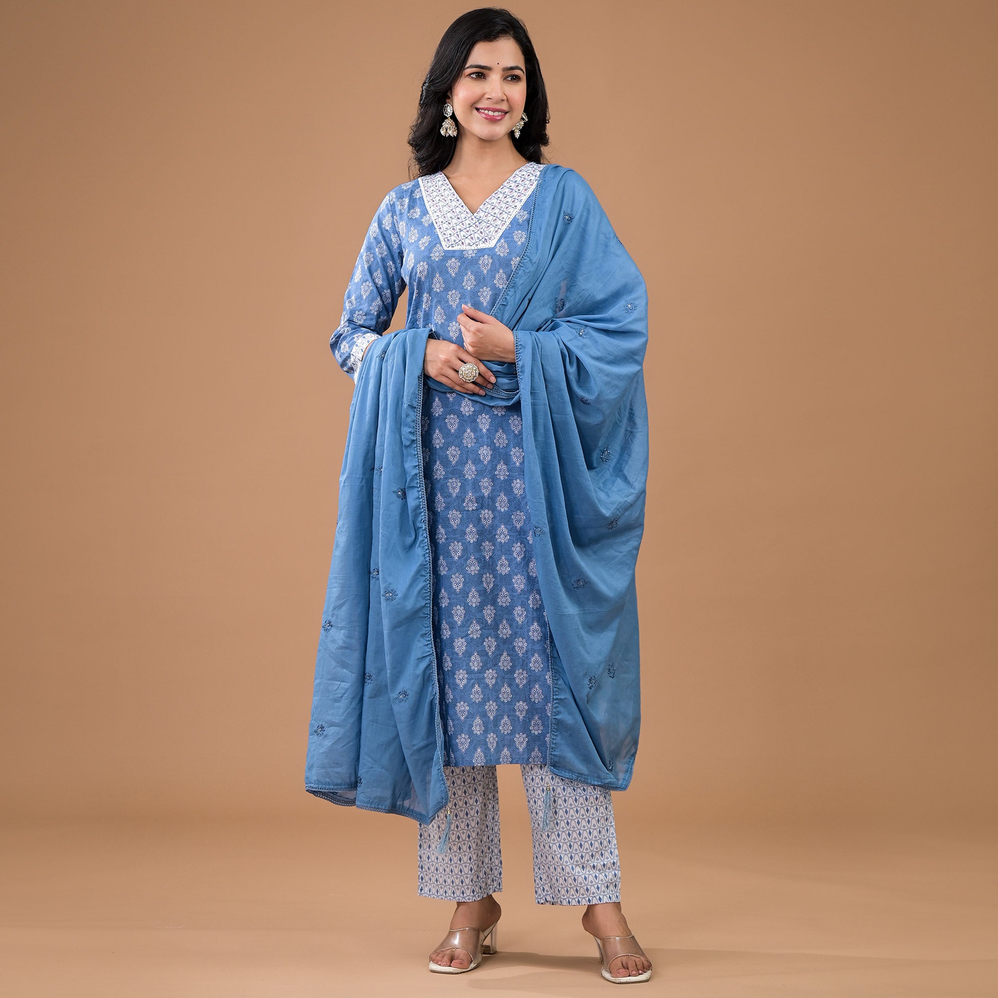 Blue Floral Printed Pure Cotton Salwar Suit