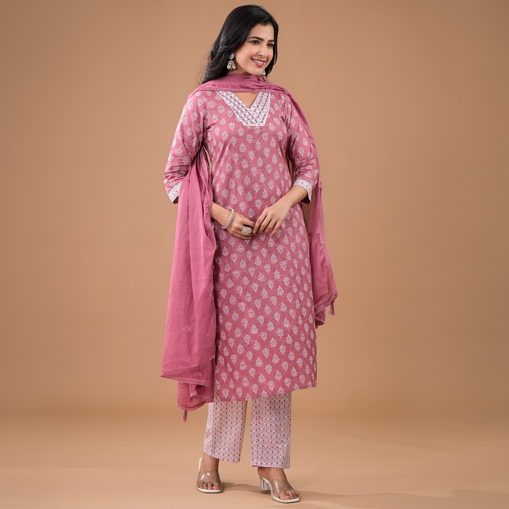 Pink Floral Printed Pure Cotton Salwar Suit