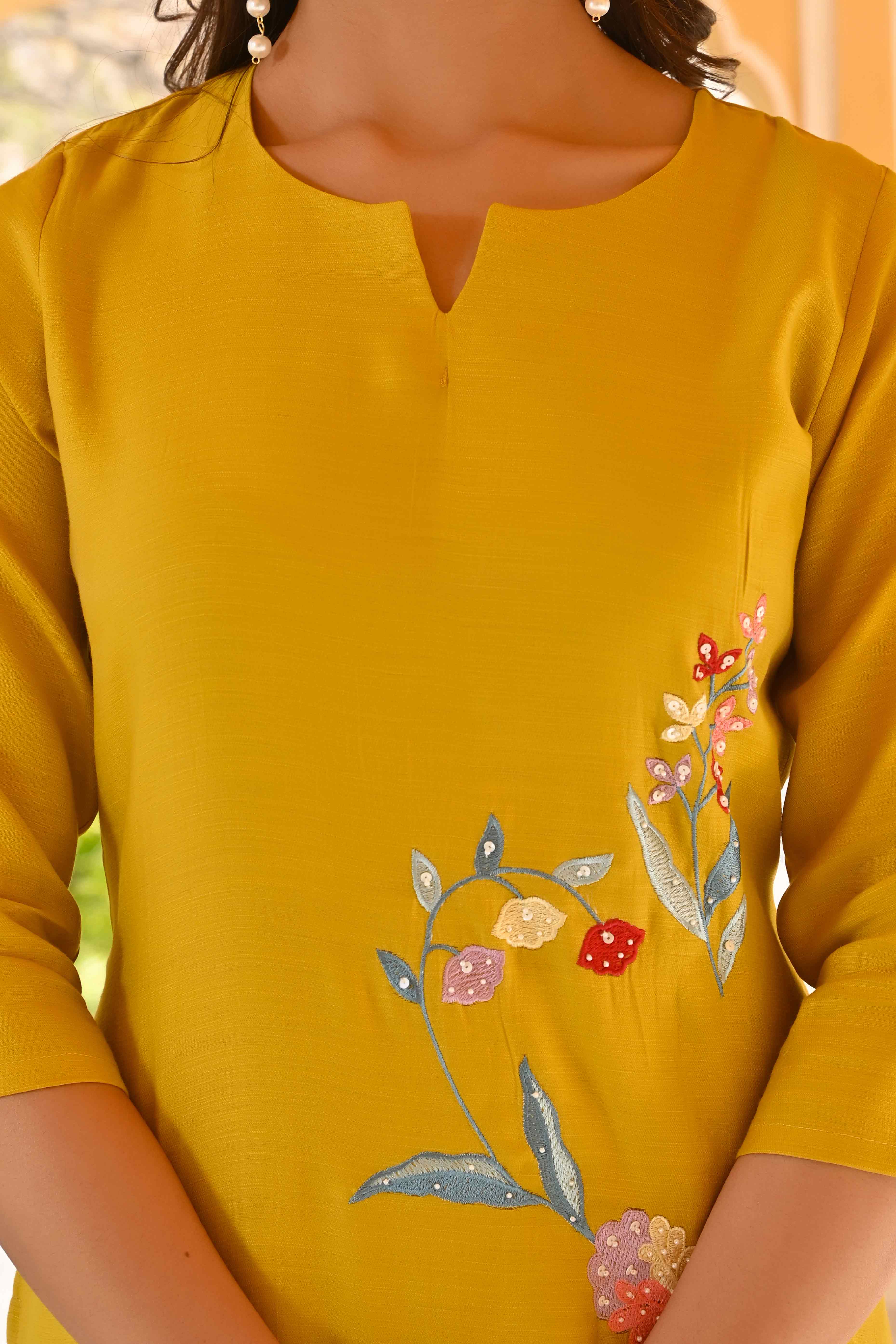 Mustard Floral Embroidered Viscose Straight Salwar Suit