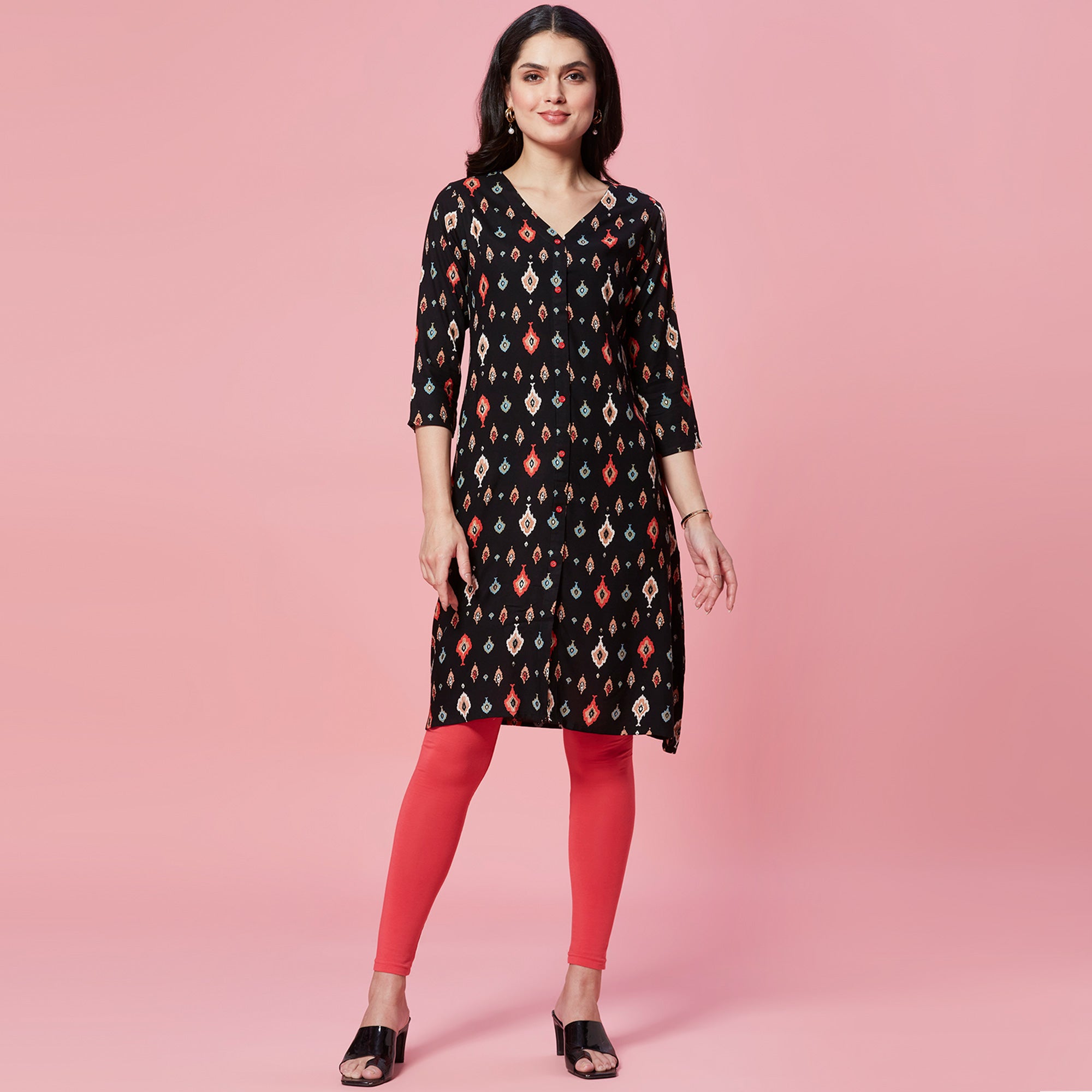 Black Ikkat Printed Rayon Straight Kurti