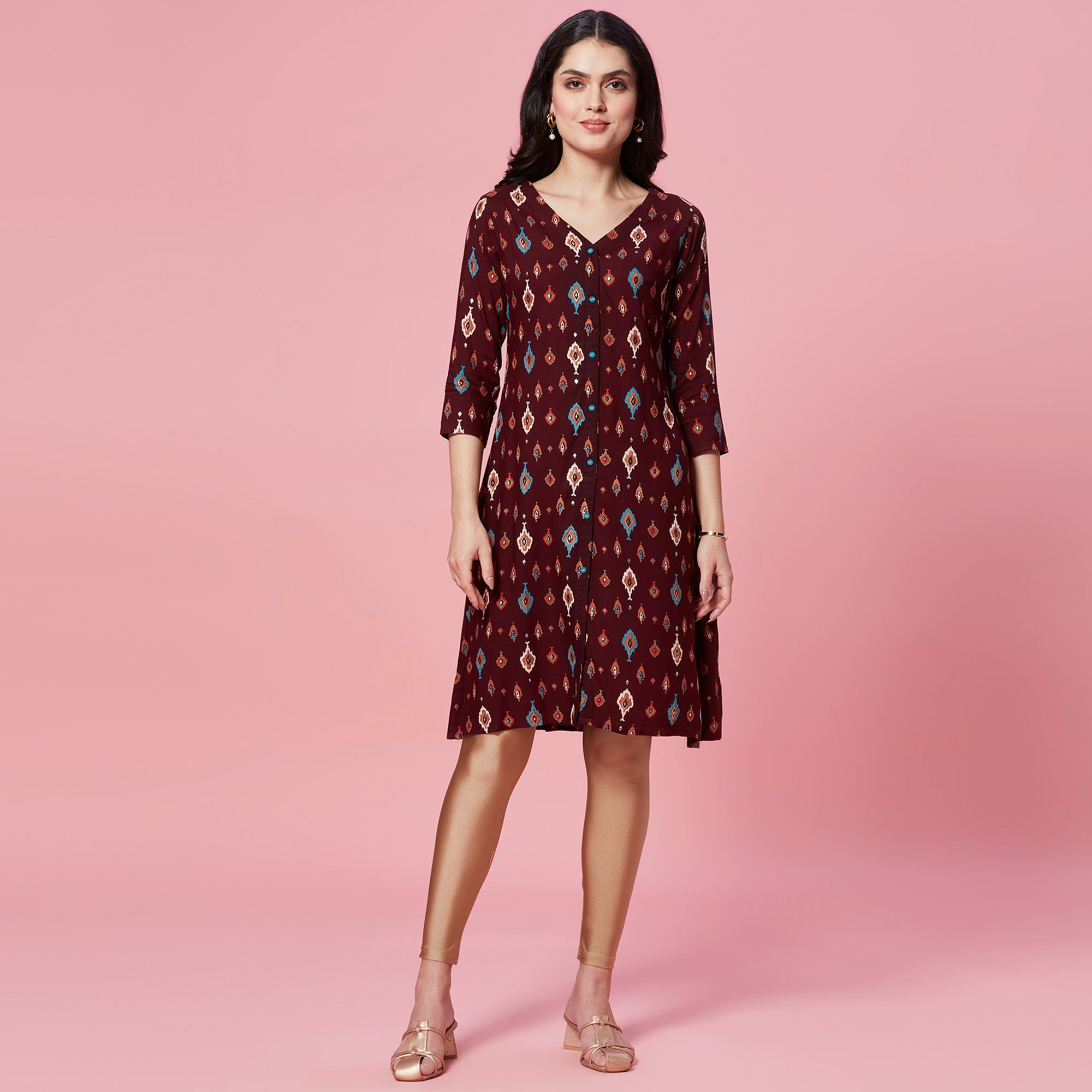 Maroon Ikkat Printed Rayon Straight Kurti