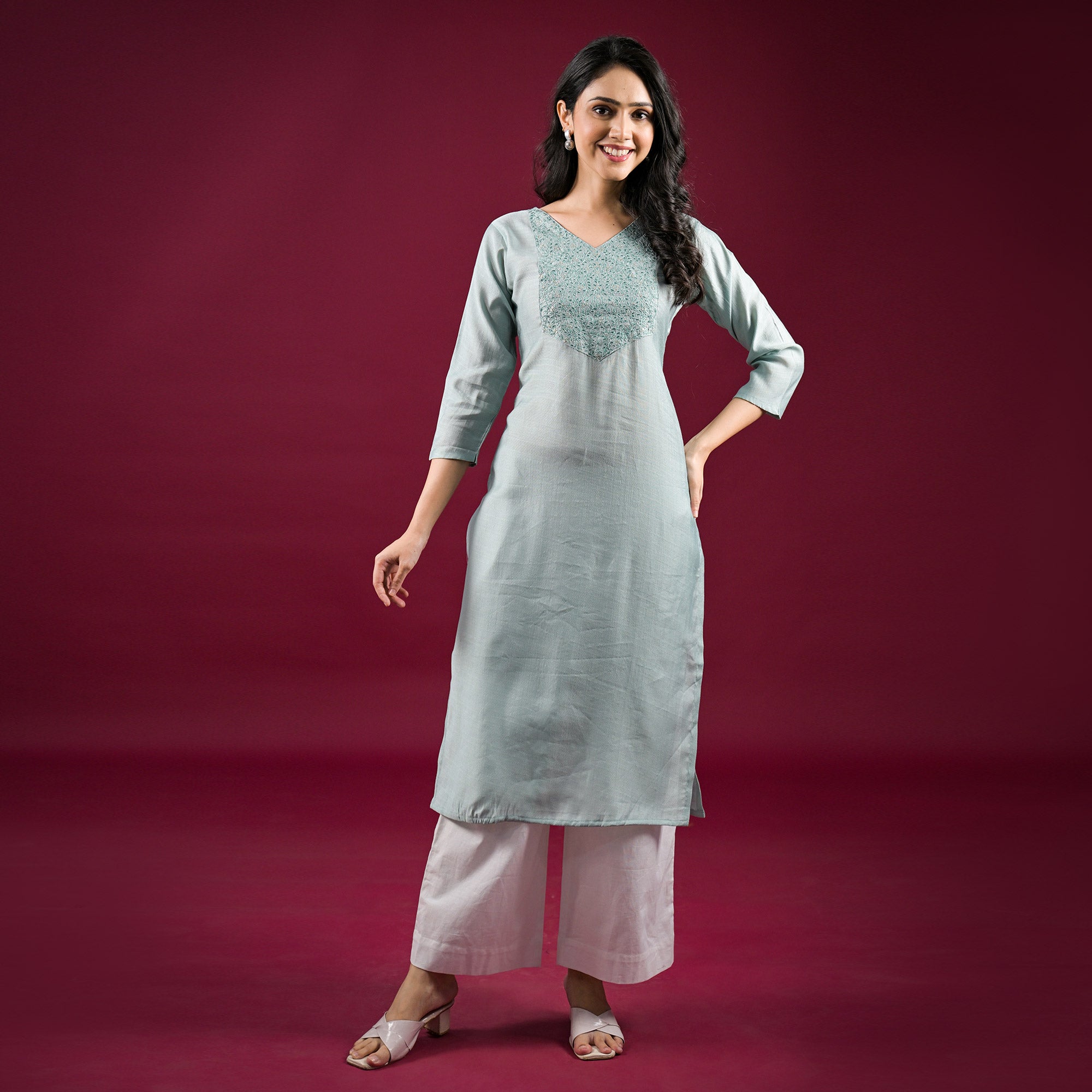 Mint Green Yoke Embroidered Viscose Straight Kurti