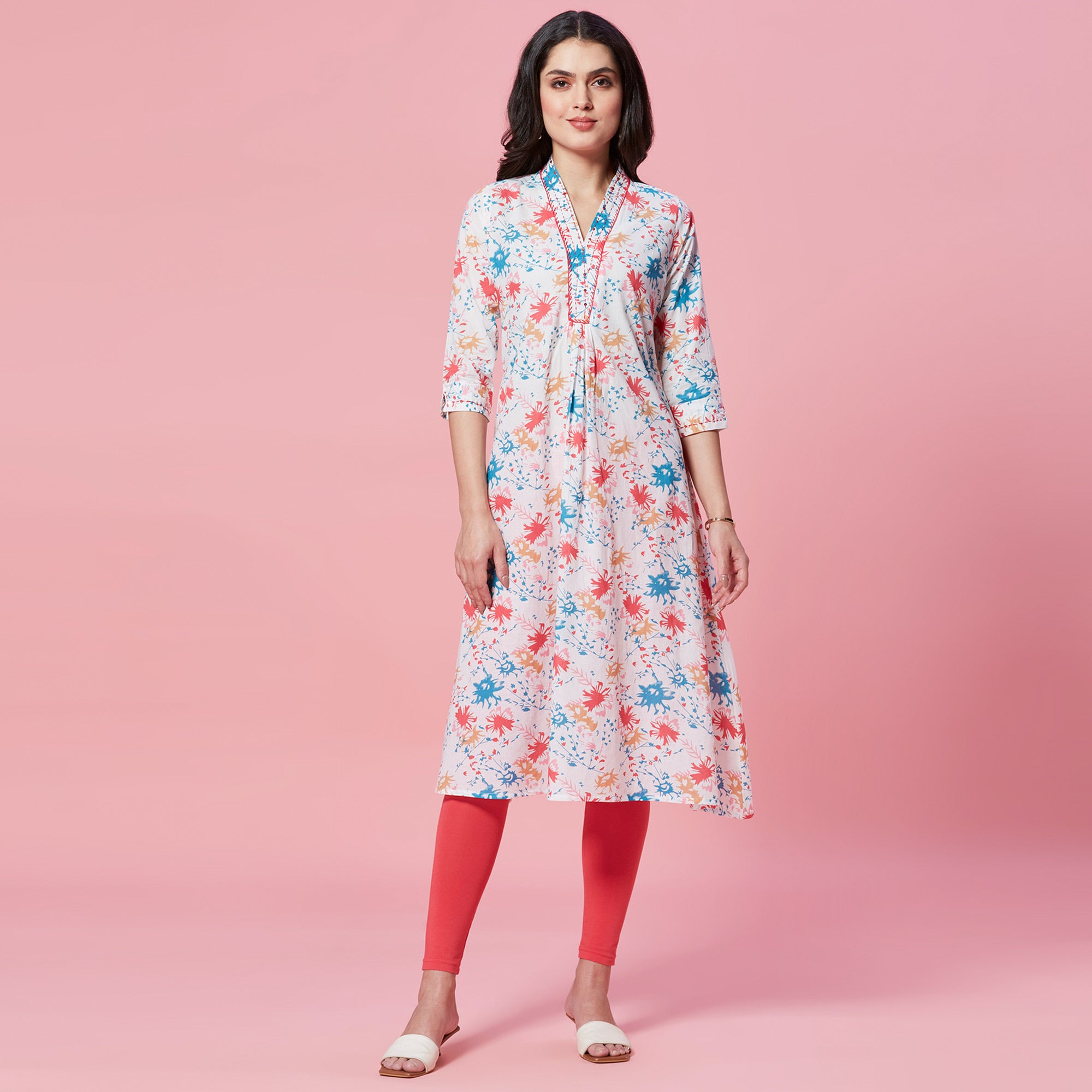 White Floral Printed Pure Cotton A-Line Kurti