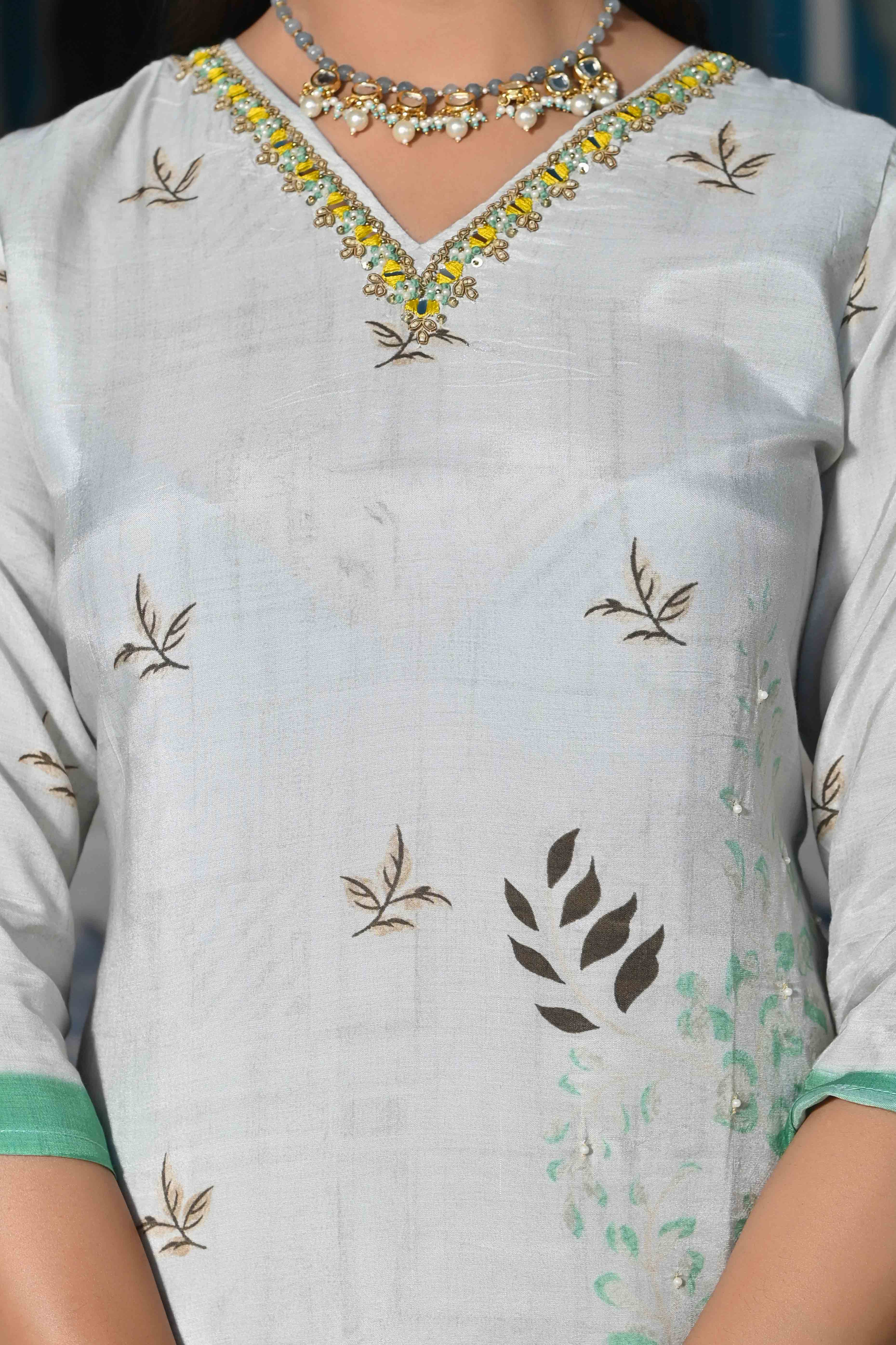Grey Floral With Beads Work Printed Muslin Salwar Suit