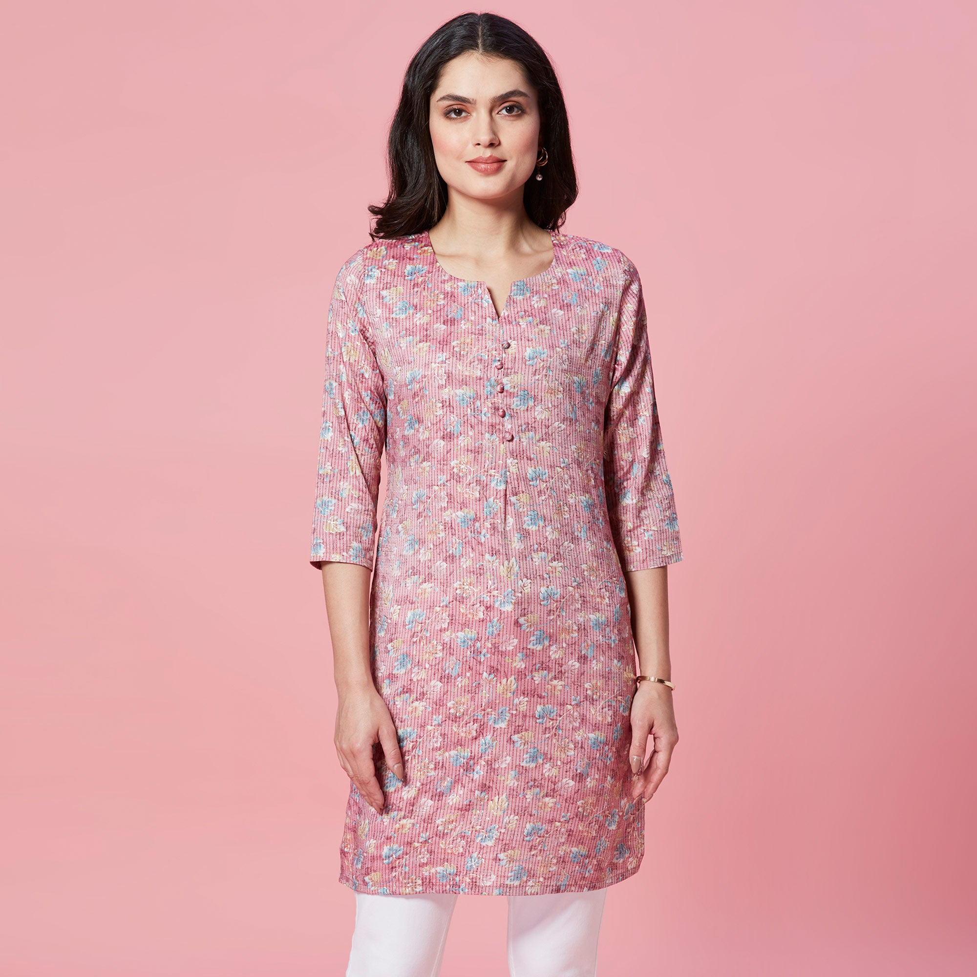 Mauve Floral Printed Pure Cotton Straight Kurti