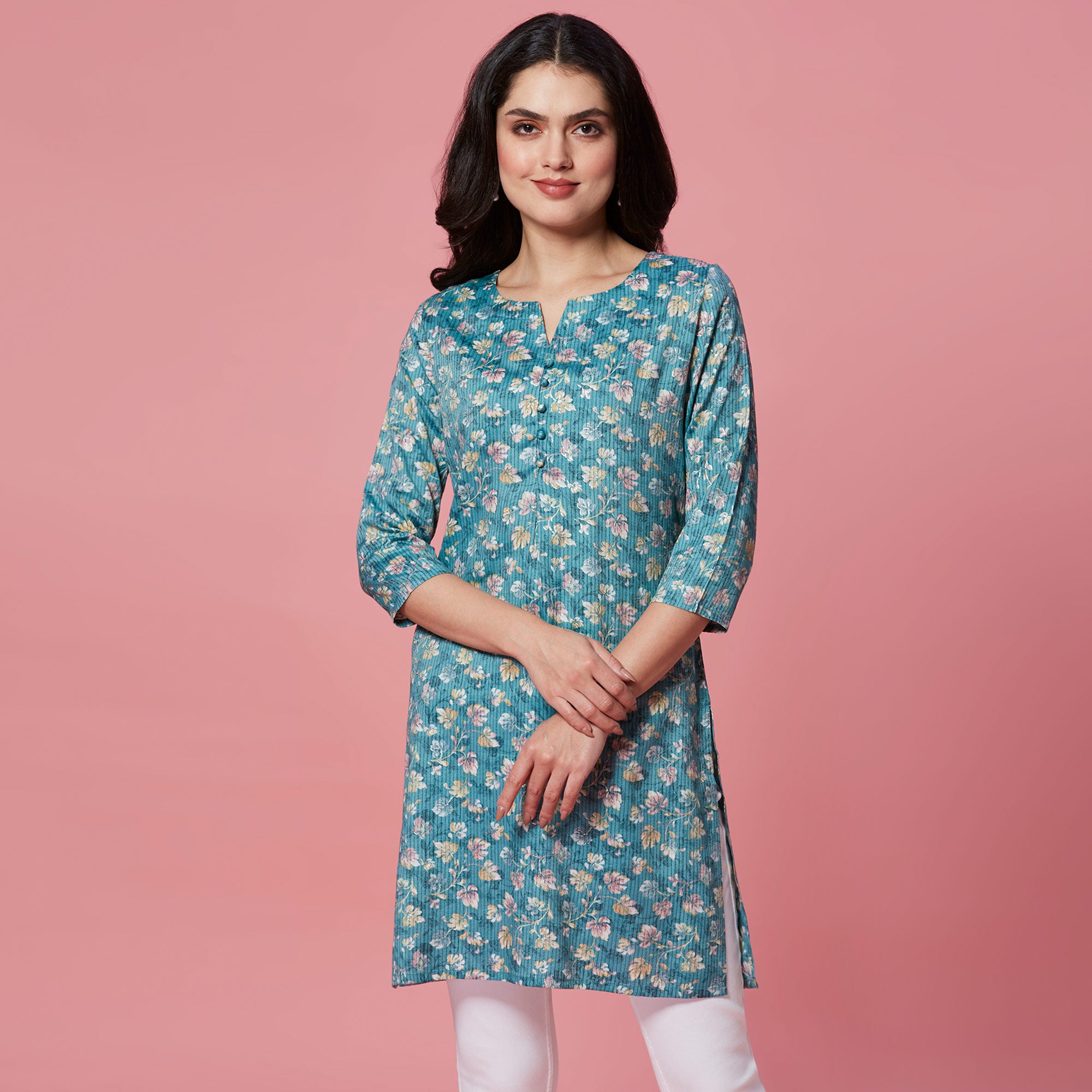 Turquoise Floral Printed Pure Cotton Straight Kurti