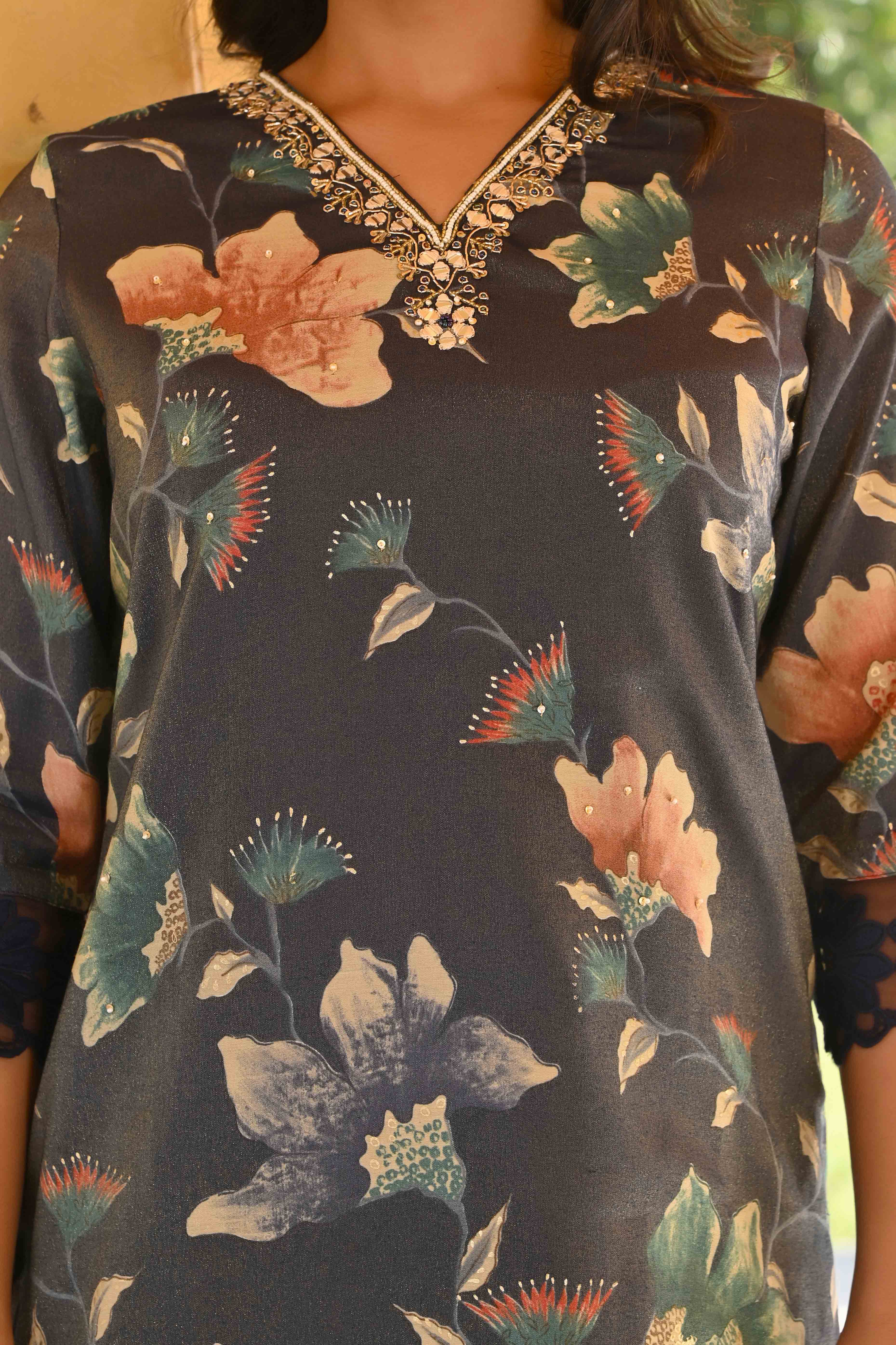 Blue Floral Foil Pinted With Handwork Viscose Salwar Suit