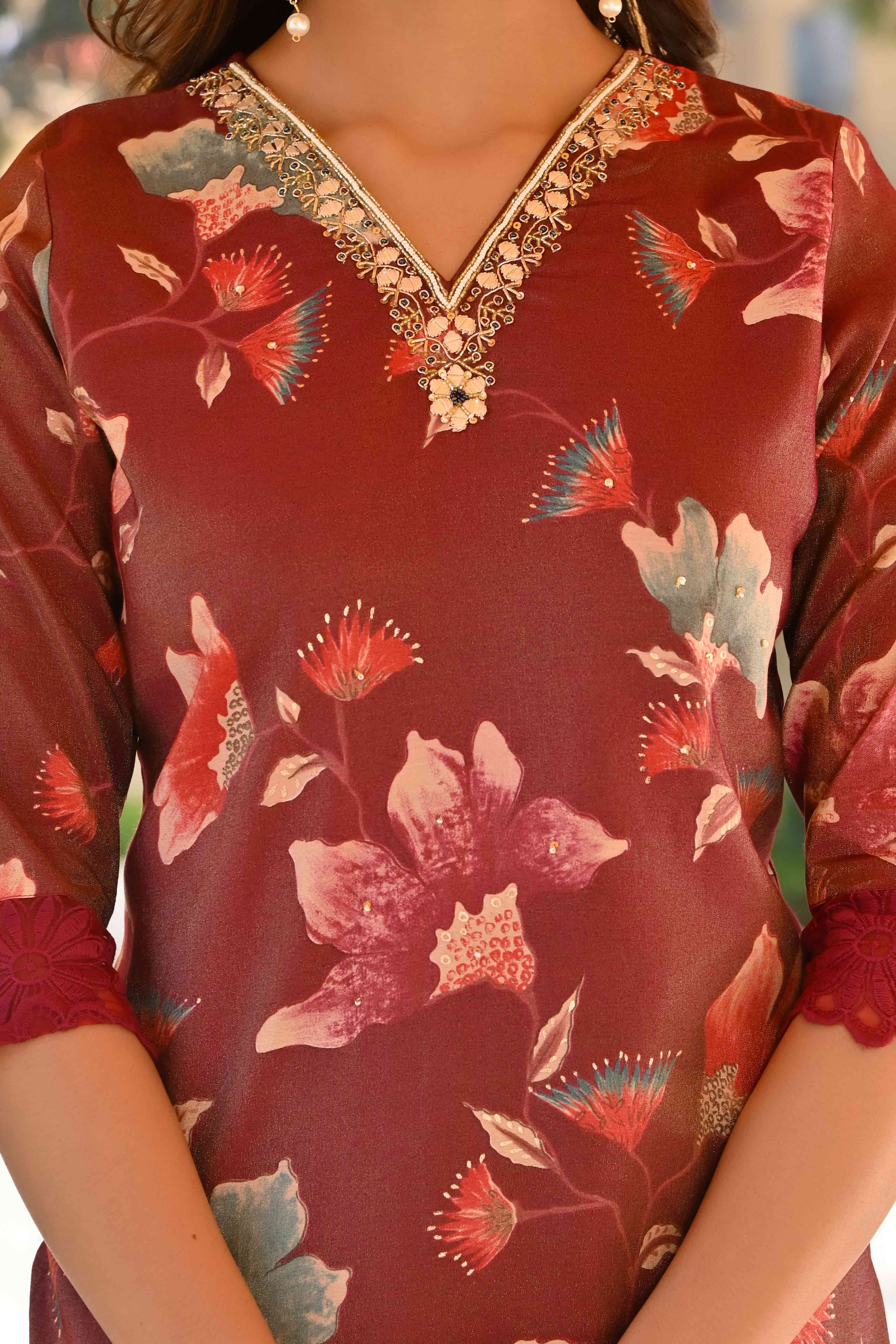 Wine Floral Foil Pinted With Handwork Viscose Salwar Suit