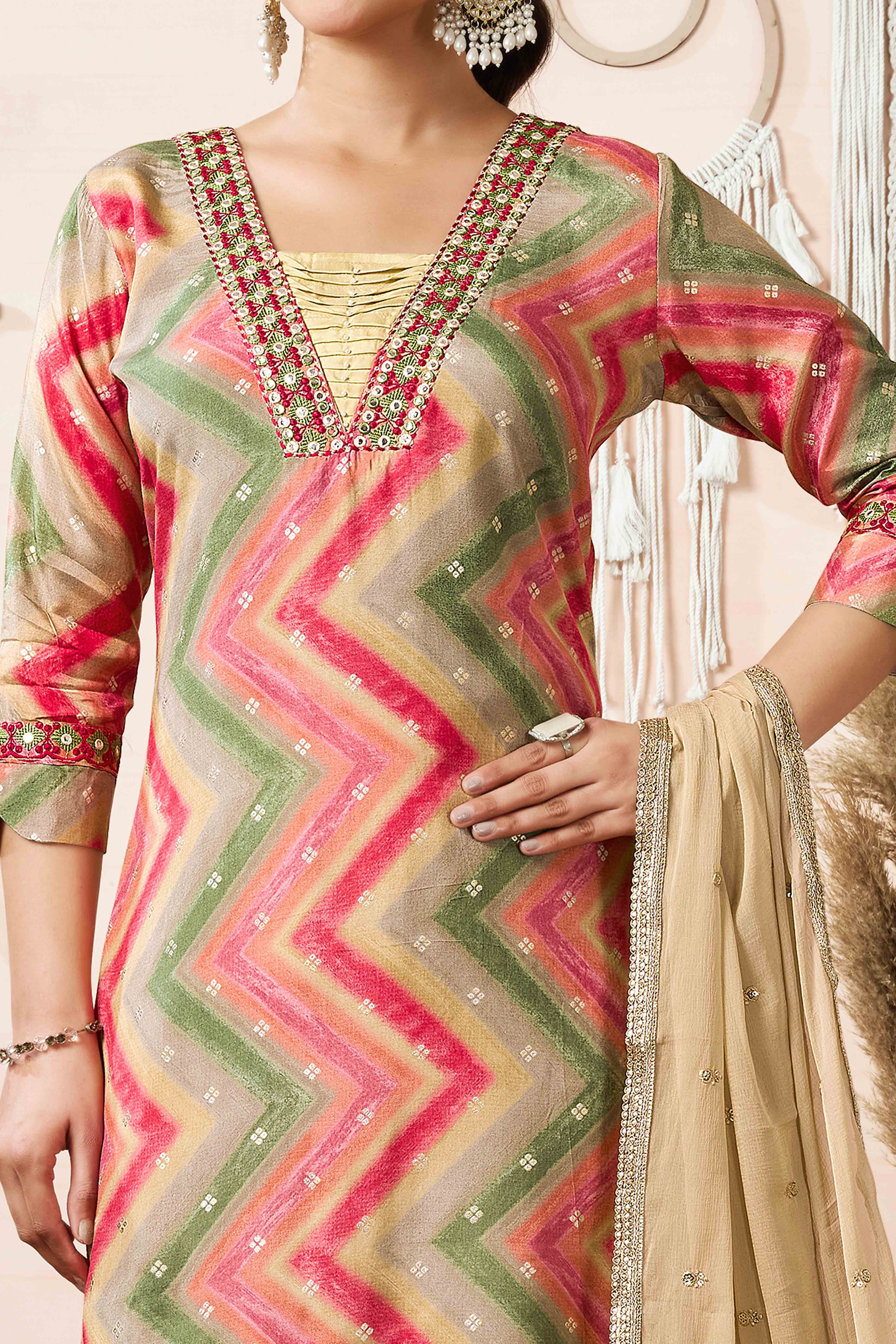 Dark Peach Embroidery With Printed Muslin straight Salwar Suit