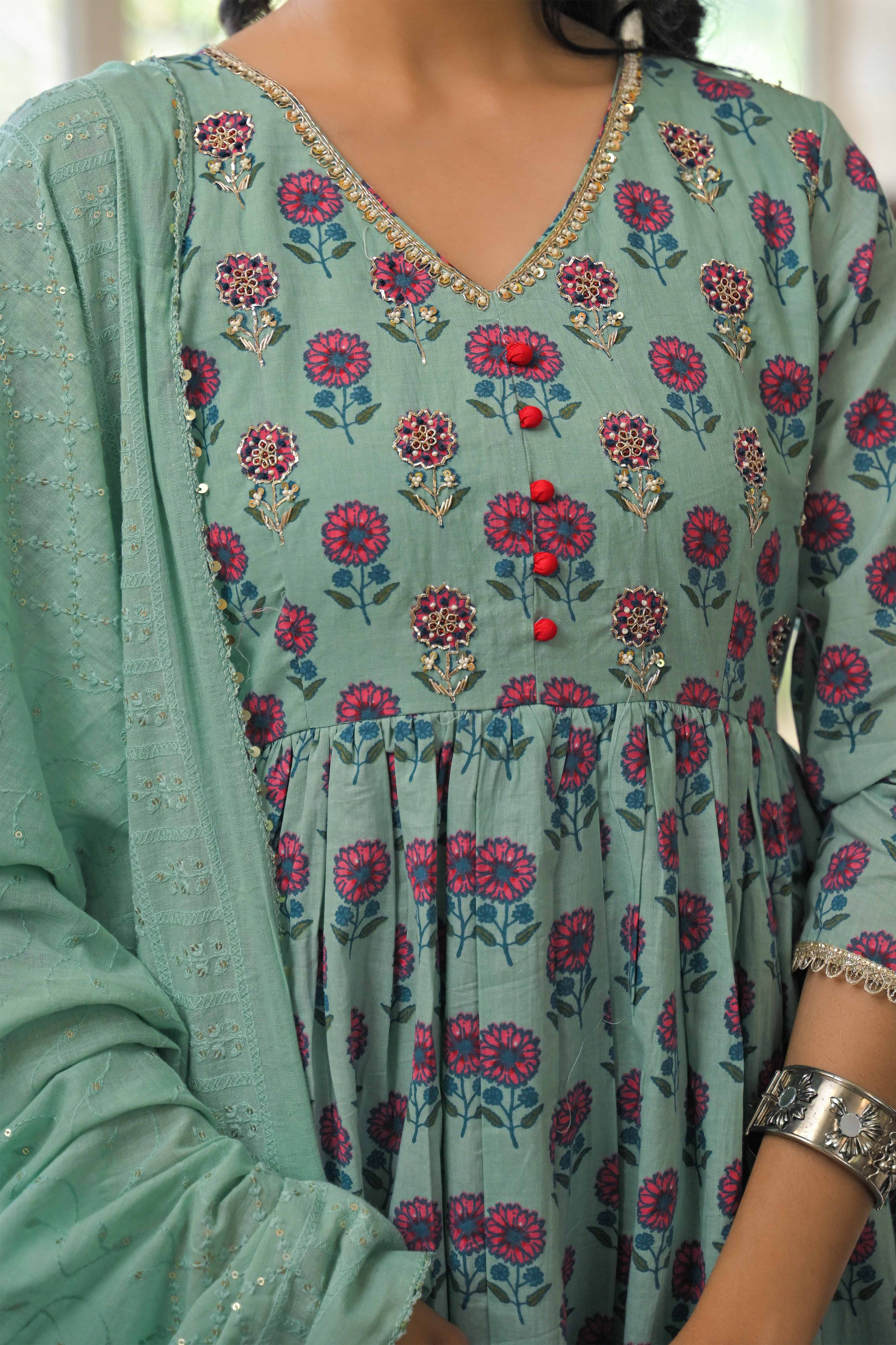 Mint Green Zardosi Work Floral Printed Pure Cotton Anarkali Salwar Suit