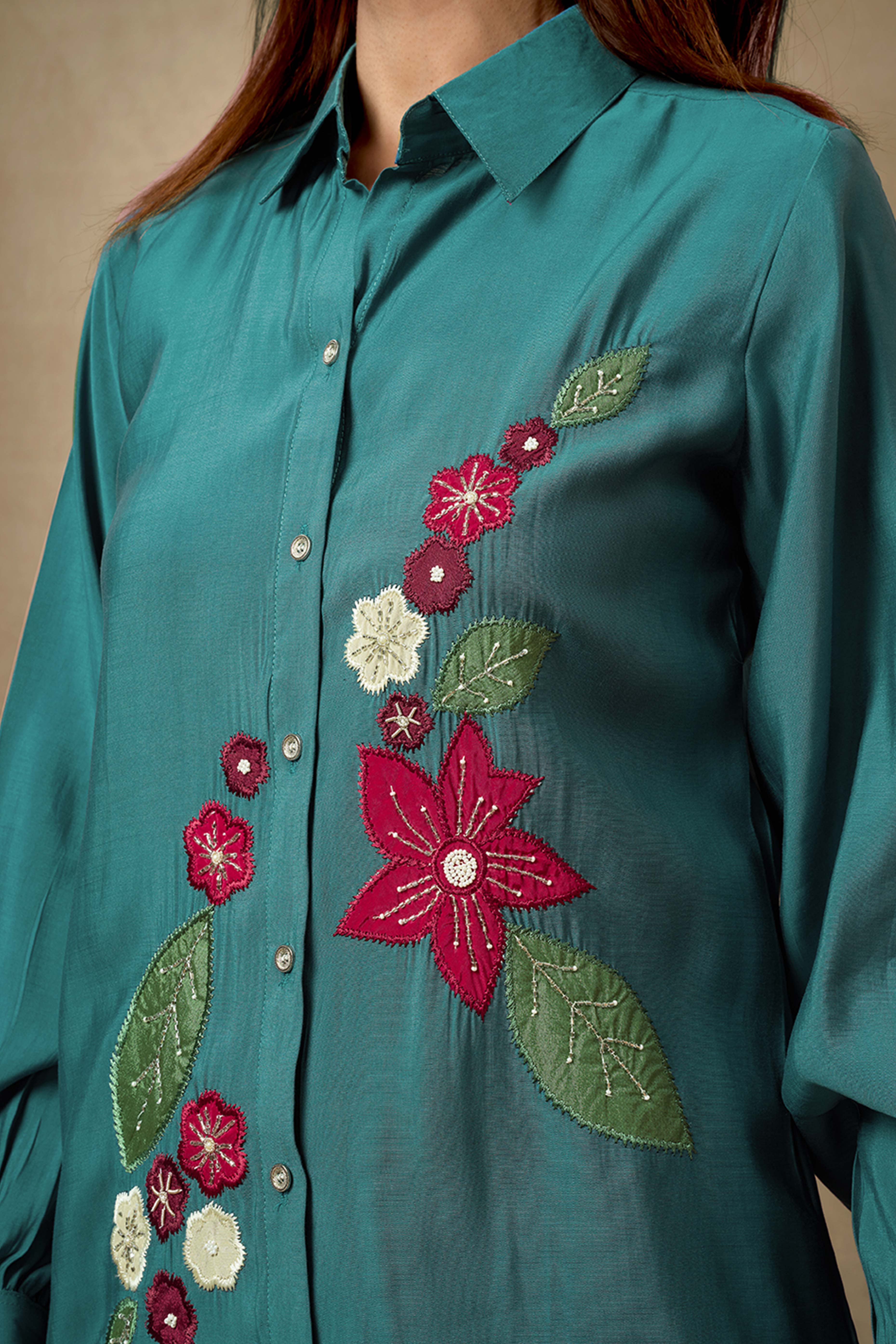 Dark Teal Elegance Chanderi Silk Floral Patchwork Co-Ord Set