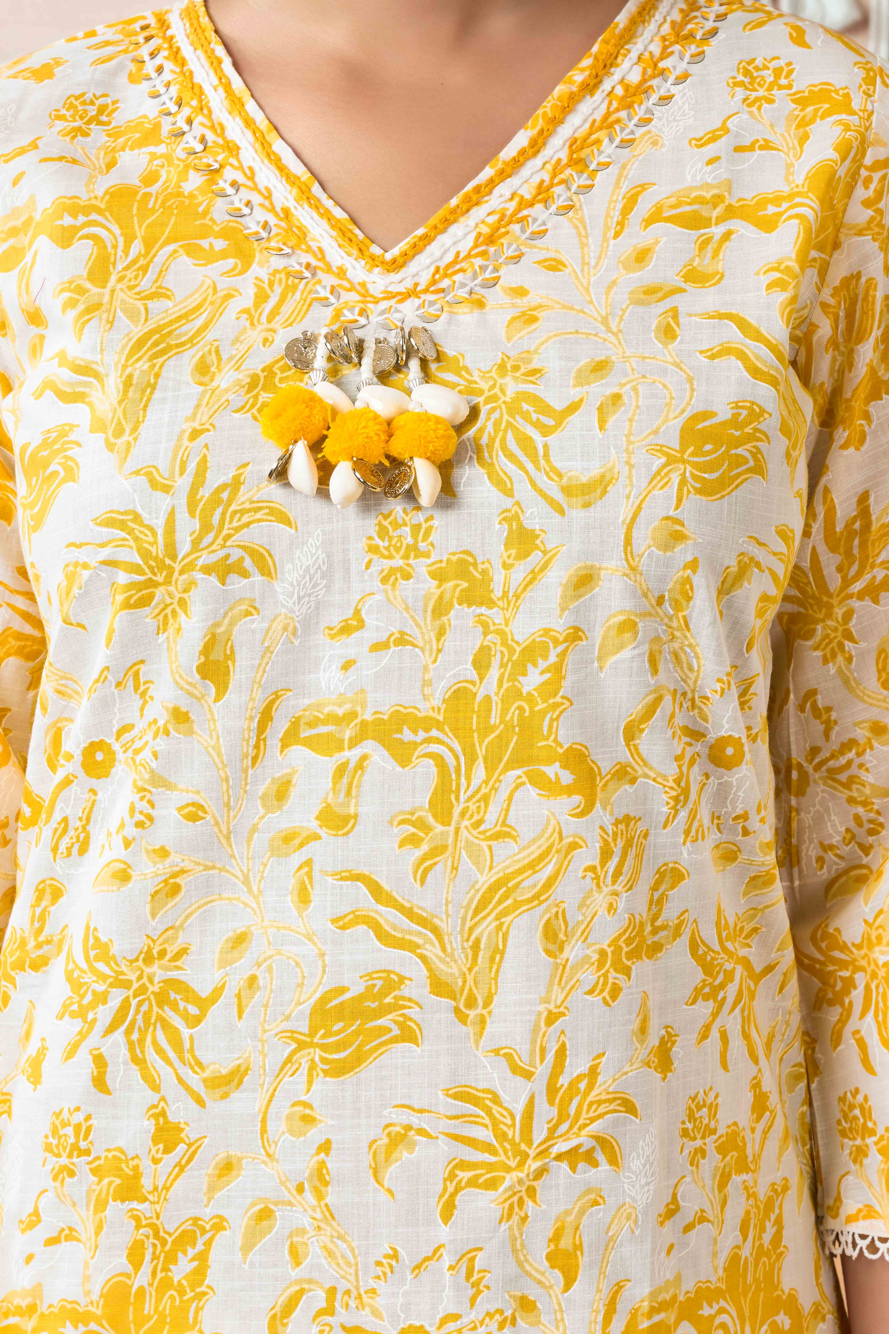 White & Mustard Floral Printed Pure Cotton A-Line Top Bottom Set