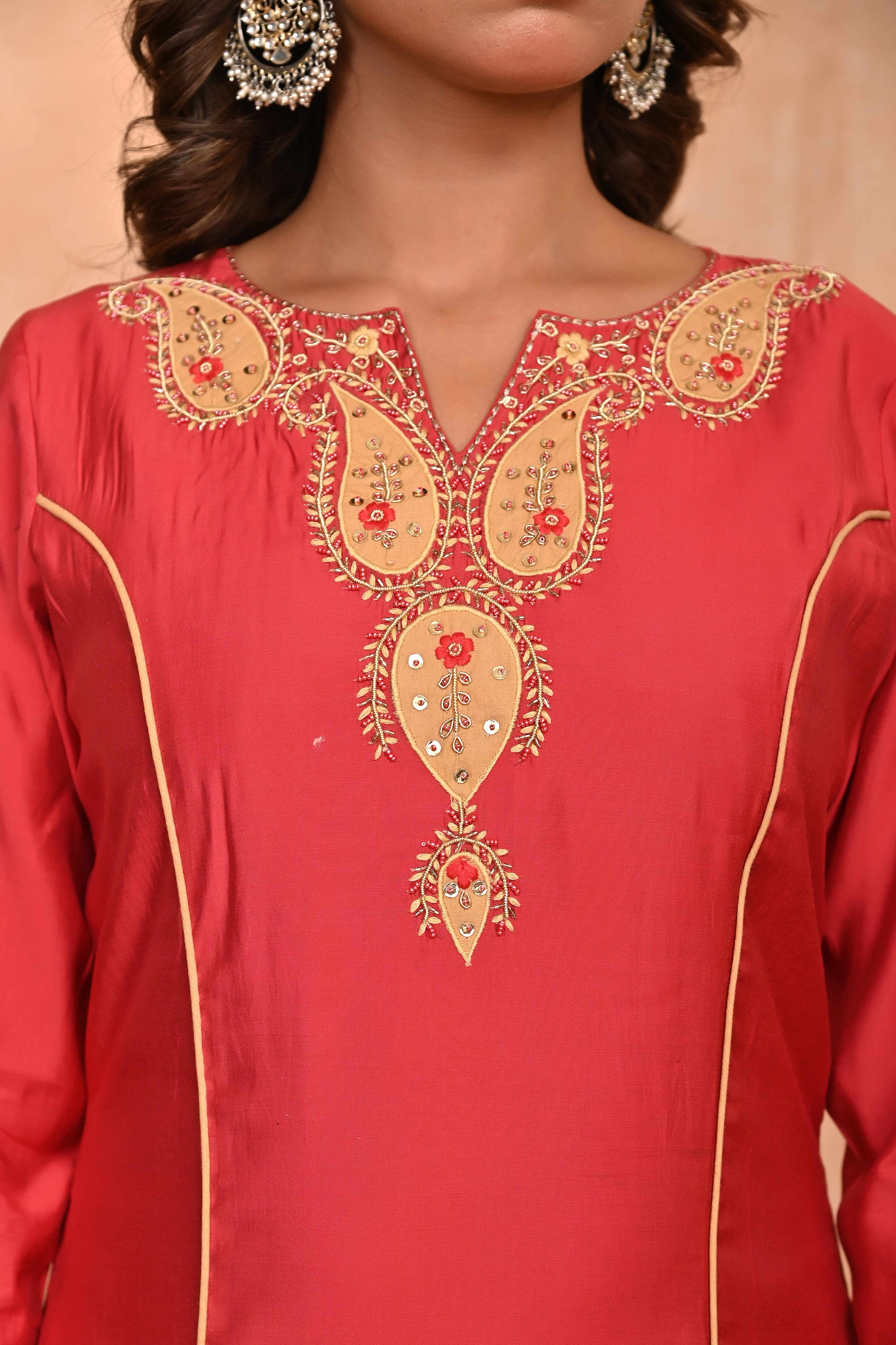 Rusty Red Embroidered A-Line Chanderi Silk Salwar Suit with Delicate Patchwork Detailing