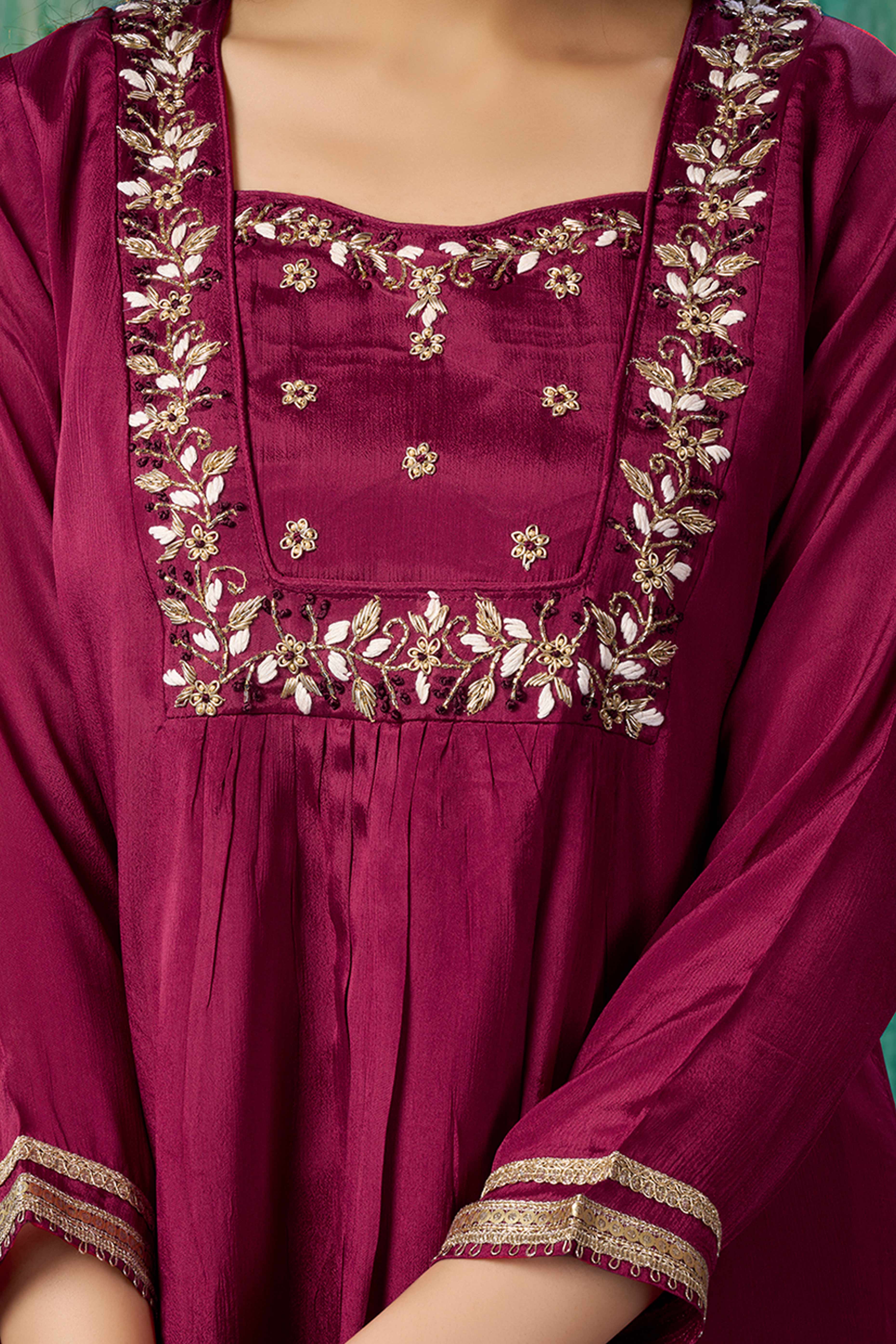 Maroon Floral Zardosi Embroidered Chinon Anarkali Salwar Suit
