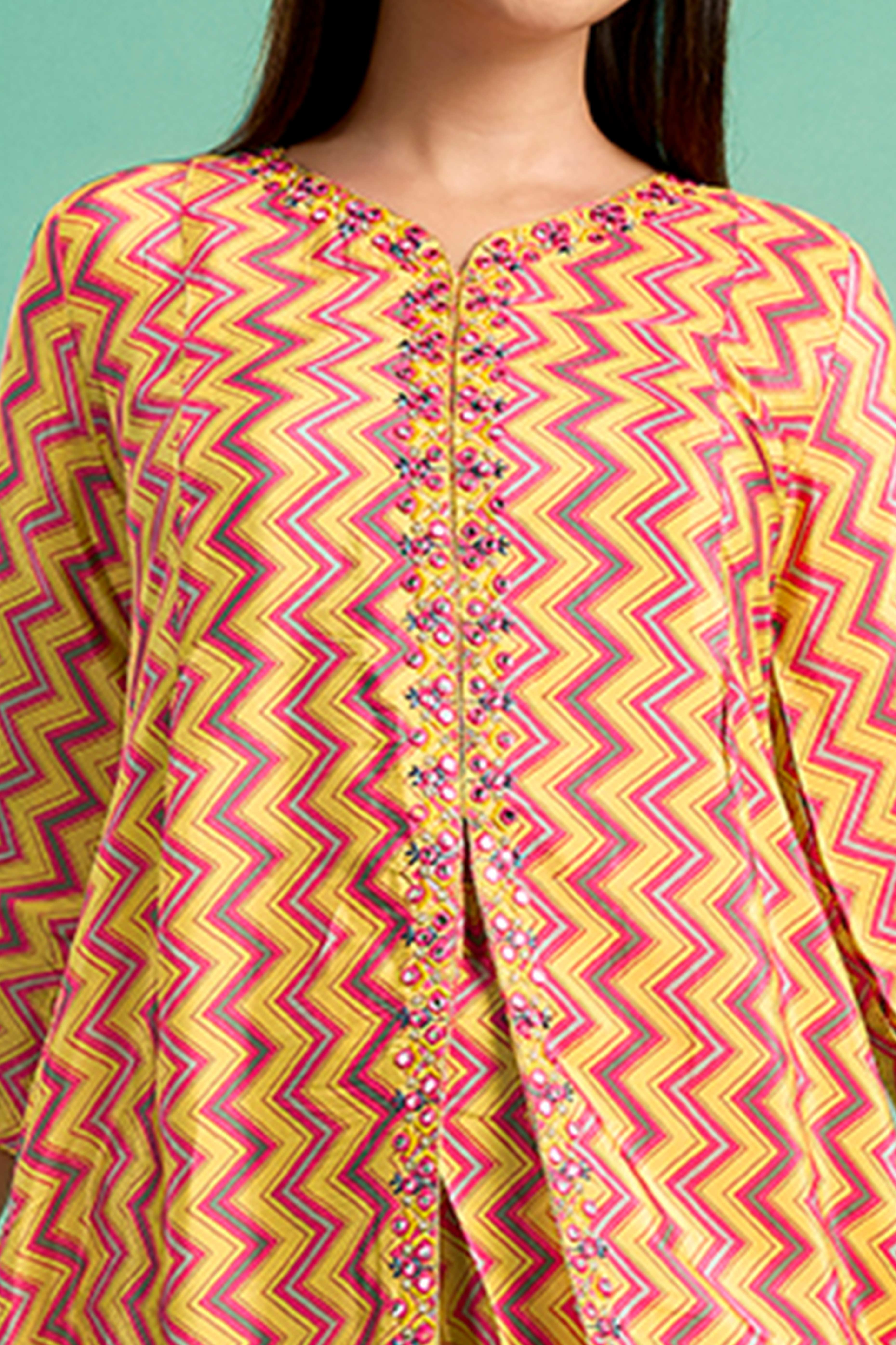 Yellow Zig Zag Printed Muslin Front Slit Co-Ord Set