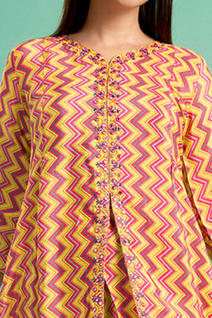 Yellow Zig Zag Printed Muslin Front Slit Co-Ord Set
