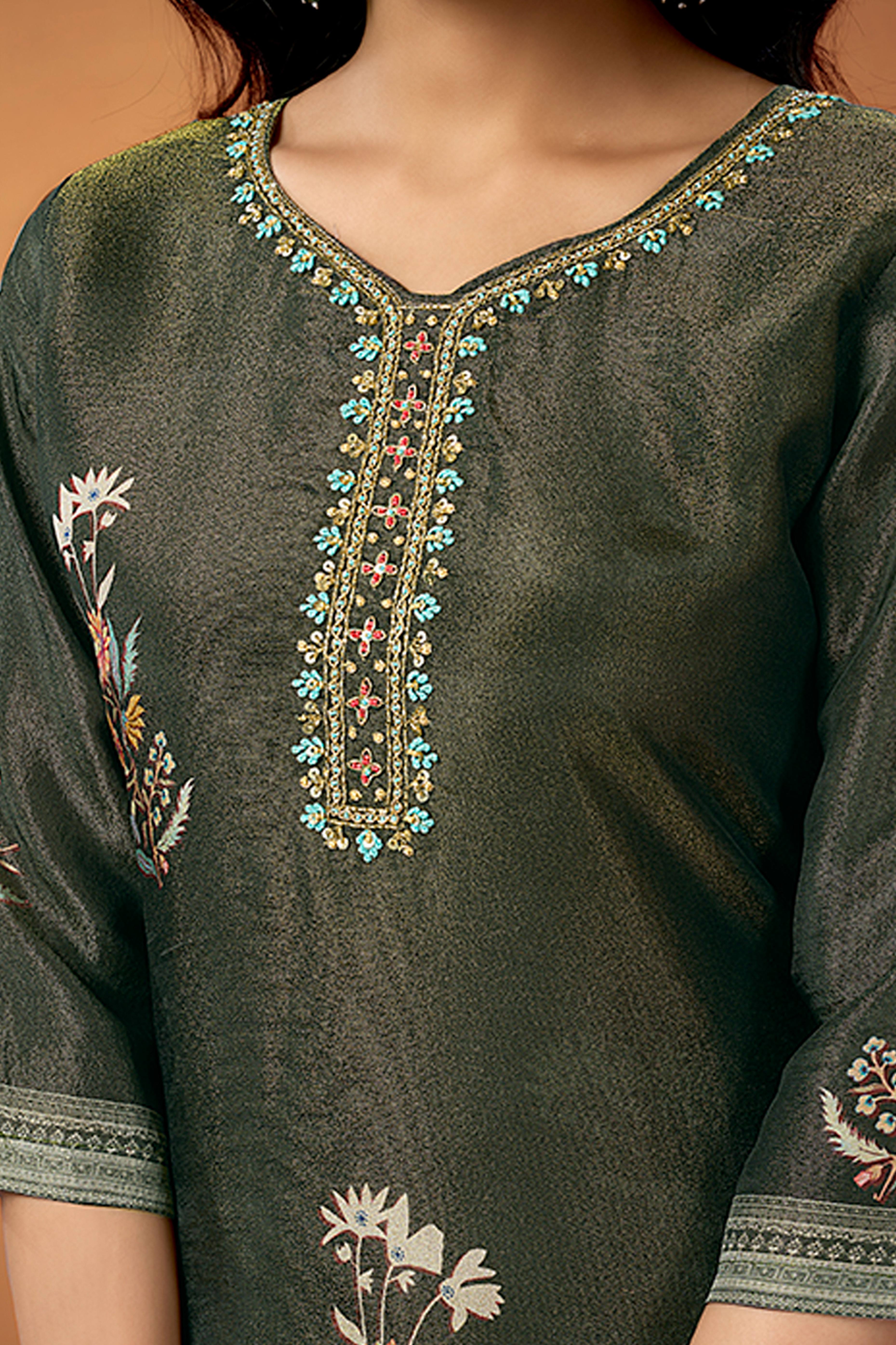 Dark Olive Floral Weaving Shimmer Straight Salwar Suit